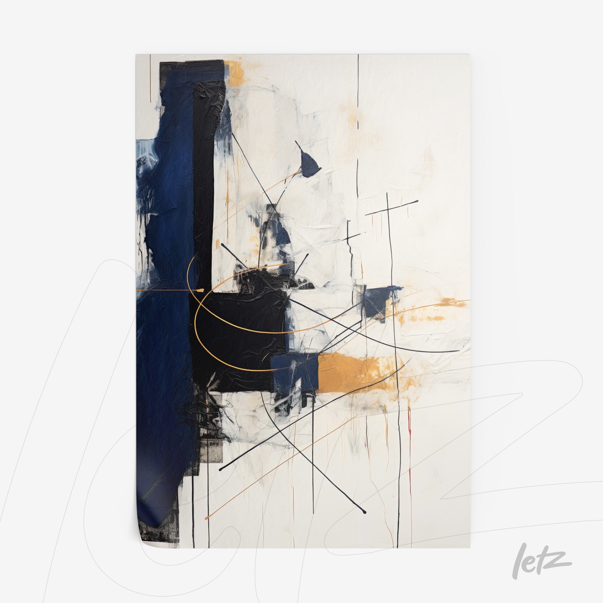 abstract artwork featuring a light background with blue, black, and gold shapes, highlighted by geometric lines