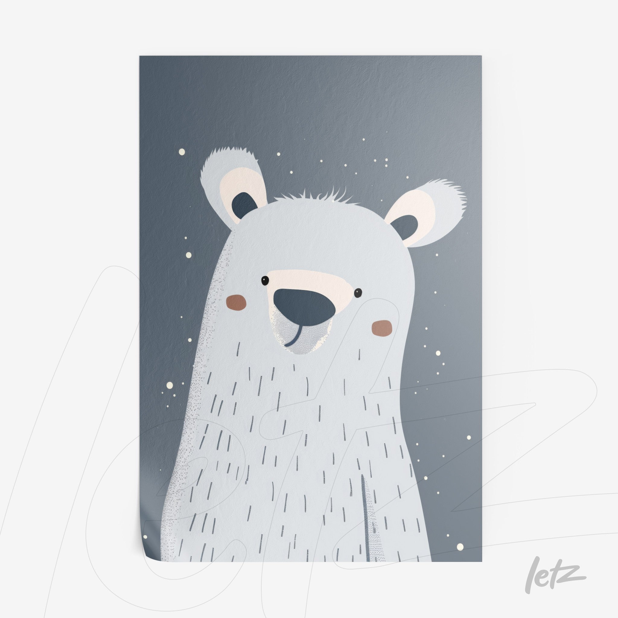 poster print of a smiling polar bear illustration on a bluish-gray background with snow details