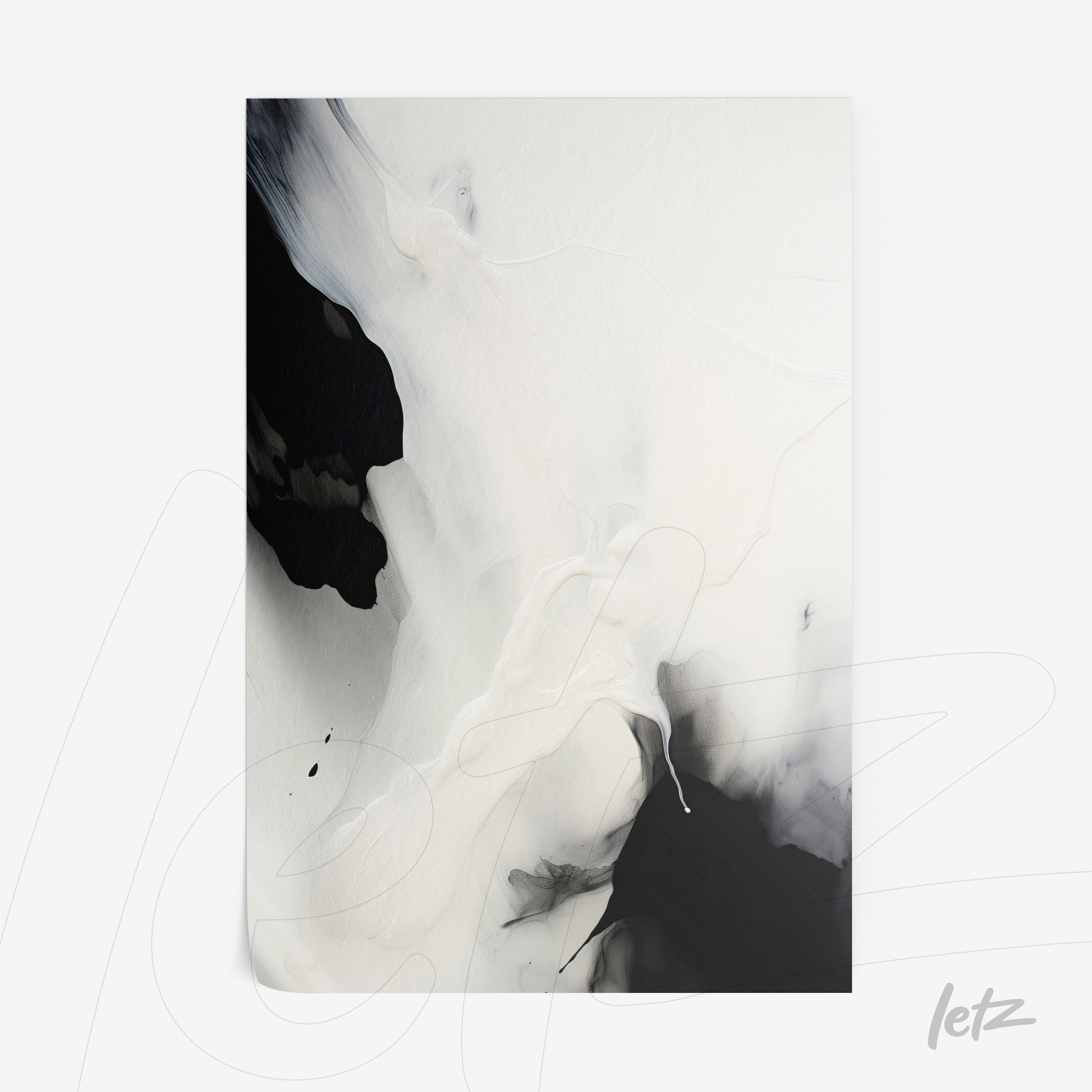 canvas artwork featuring abstract design in black and white, showcasing flowing textures and organic shapes