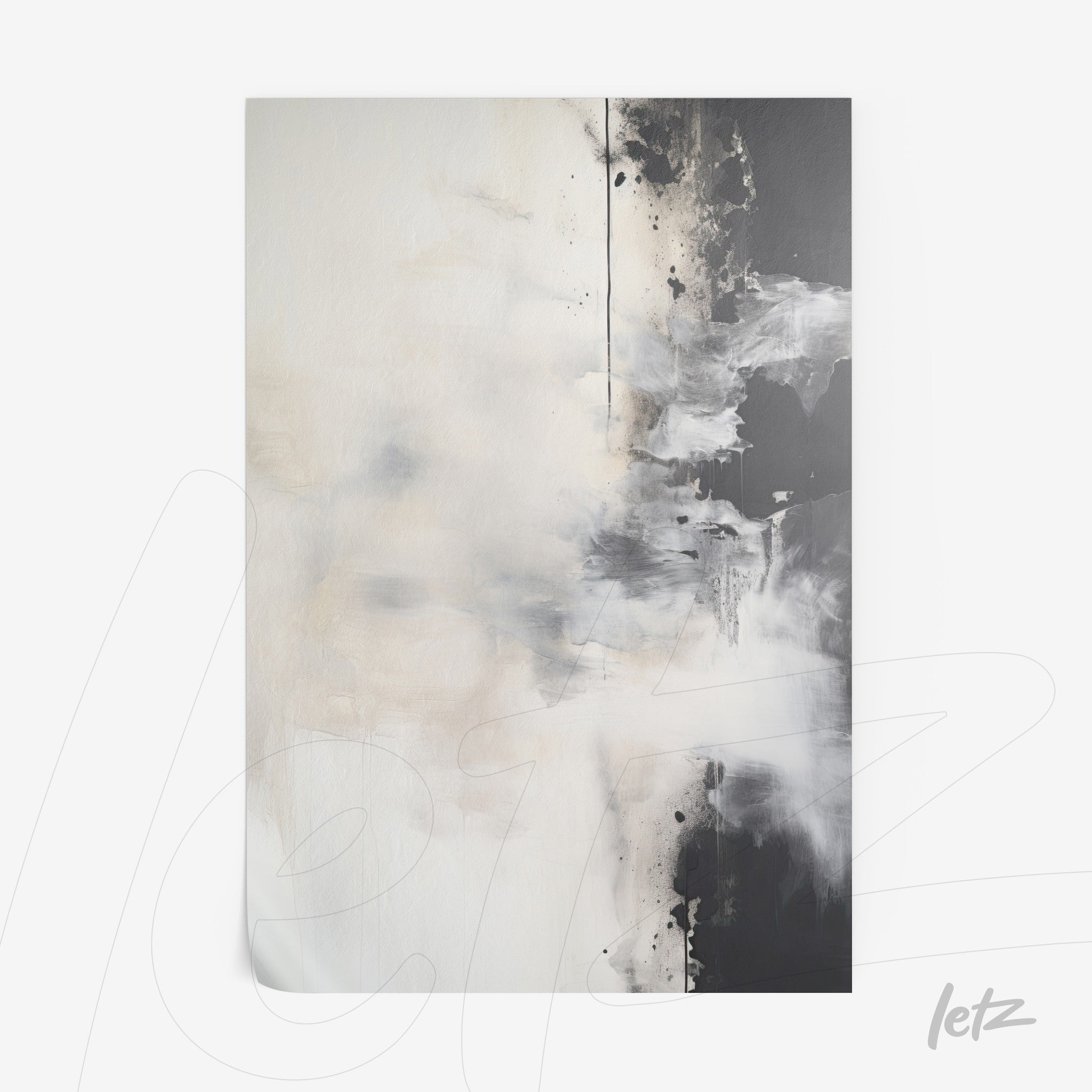 abstract wall art in neutral tones featuring a blend of white and black with soft textures and loose brush strokes
