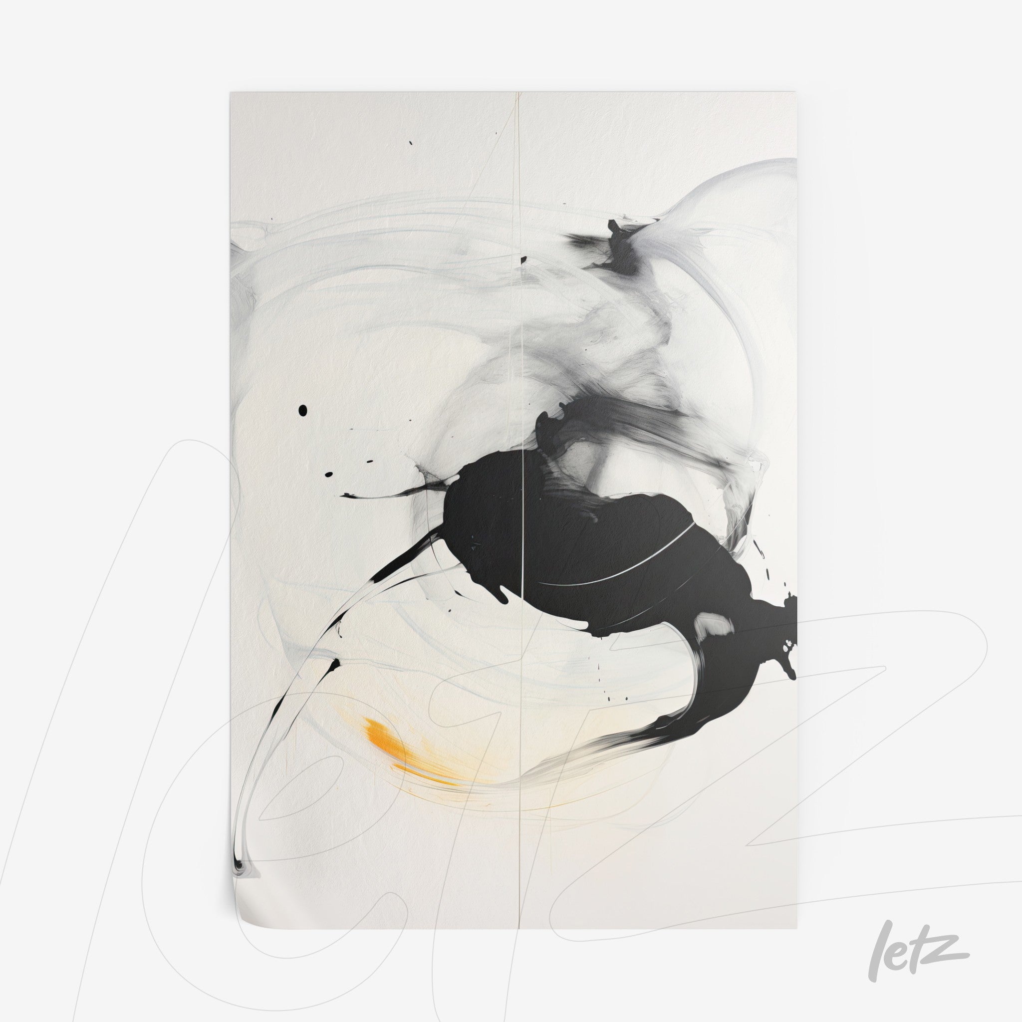 canvas art featuring abstract design in black and white with vibrant yellow accents