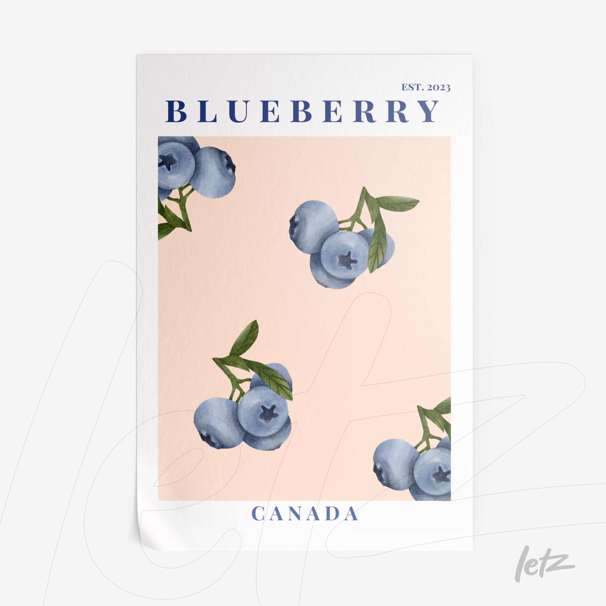 framed art depicting blueberries on light pink background with blue text and white frame