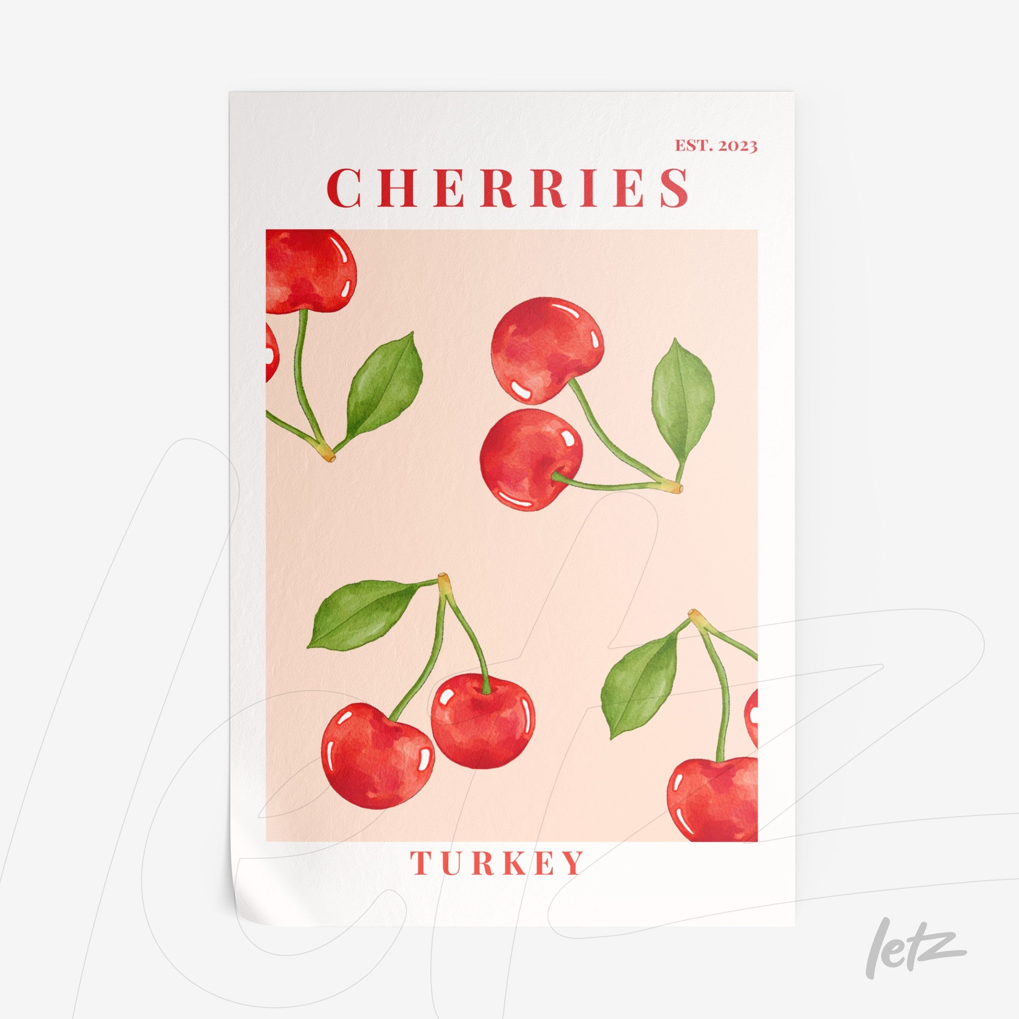 framed artwork featuring red cherries on a light pink background with stylized text details