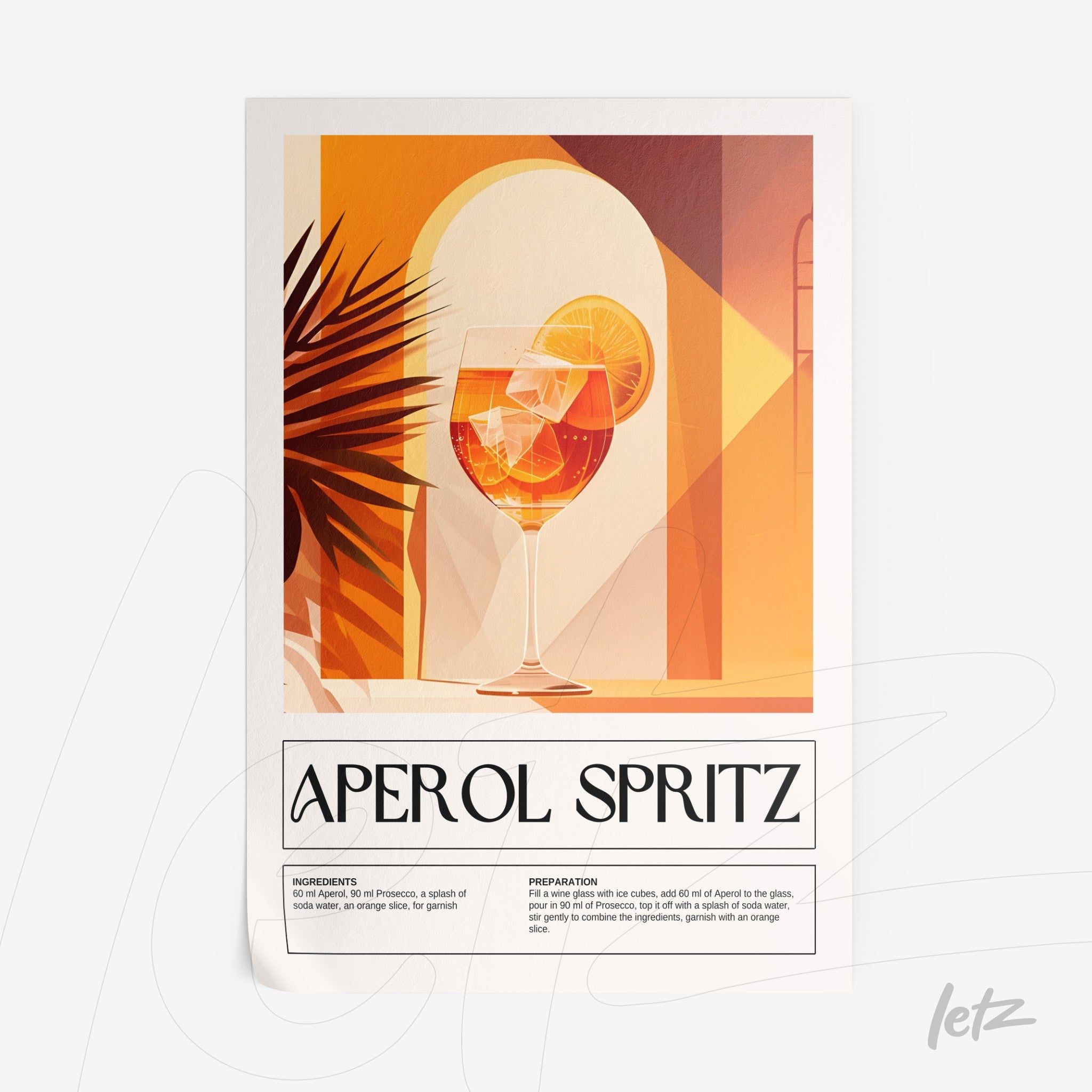 framed graphic art of aperol spritz cocktail in orange background with minimalist details