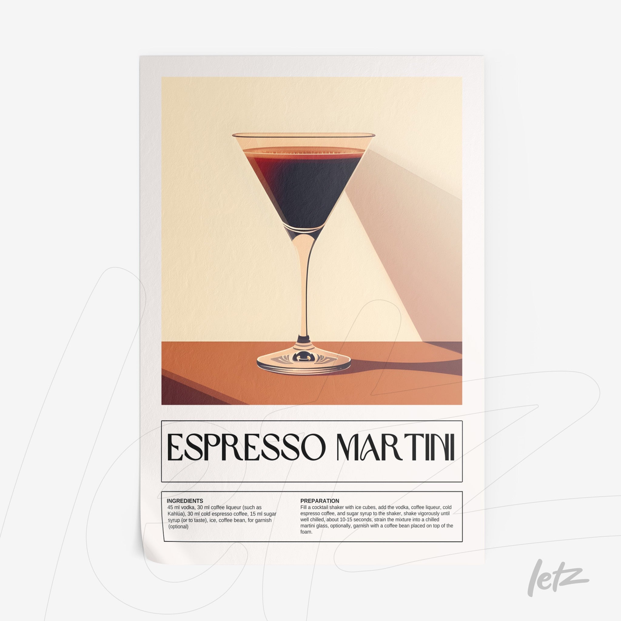 minimalist wall art featuring an espresso martini glass on a light background with informative text