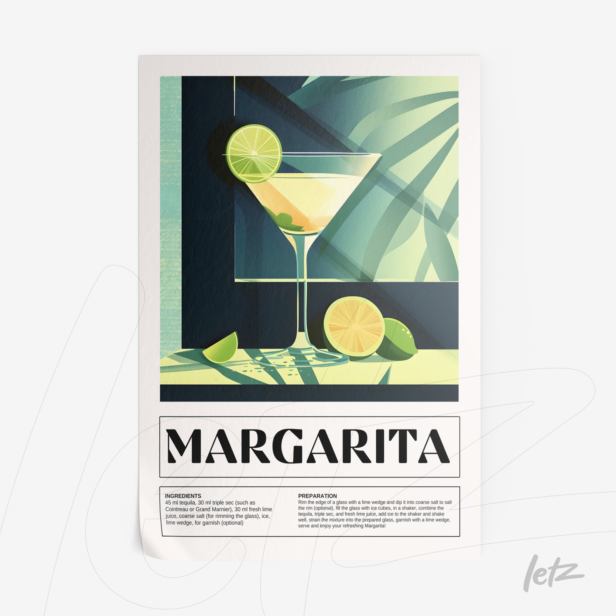 framed wall art featuring a margarita cocktail with green shadows and limes beside it