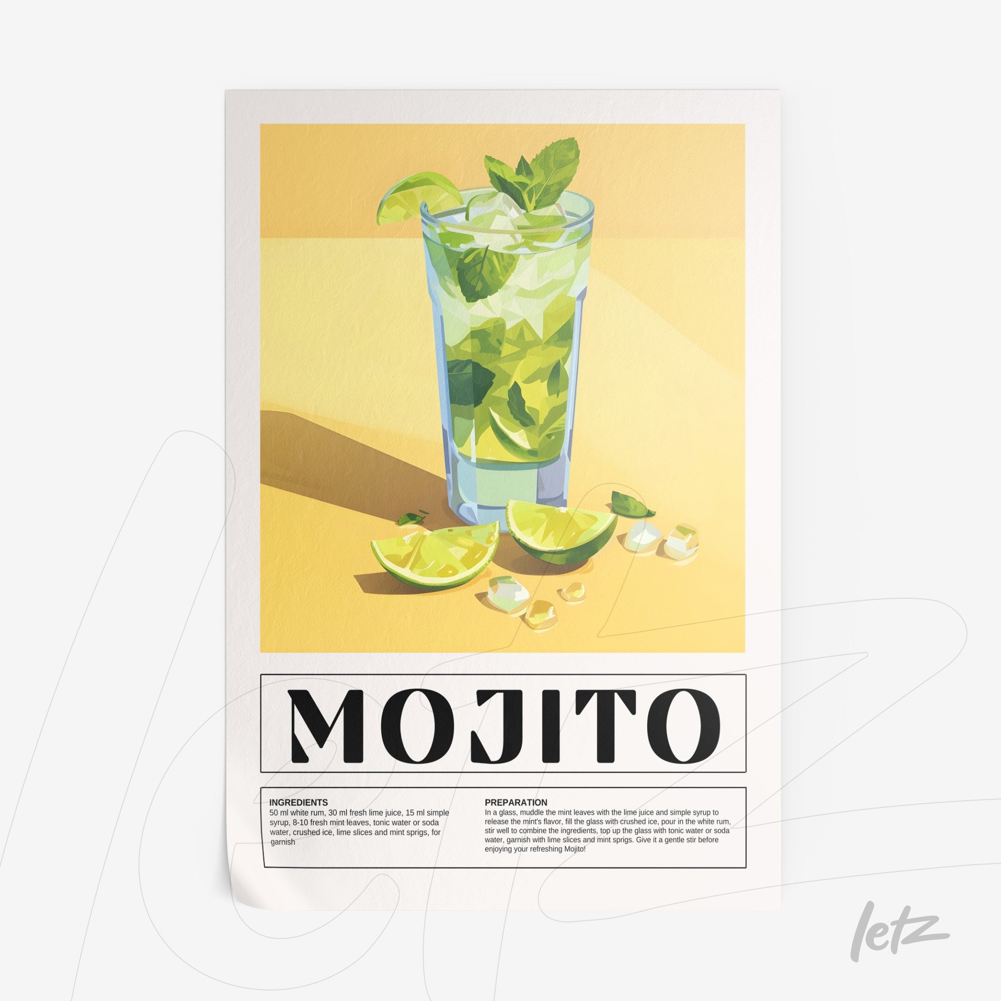 poster print featuring colorful illustration of mojito drink in a tall glass with lime and mint leaves on light yellow background