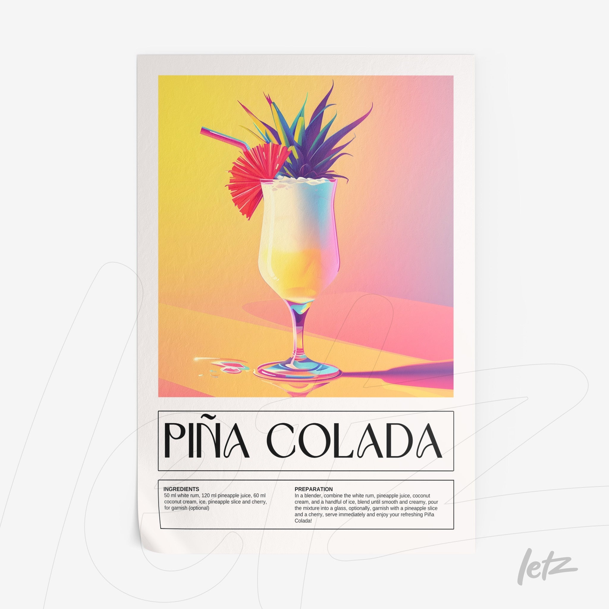 framed wall art featuring a colorful illustration of piña colada cocktail with soft texture, pineapple, and umbrella details