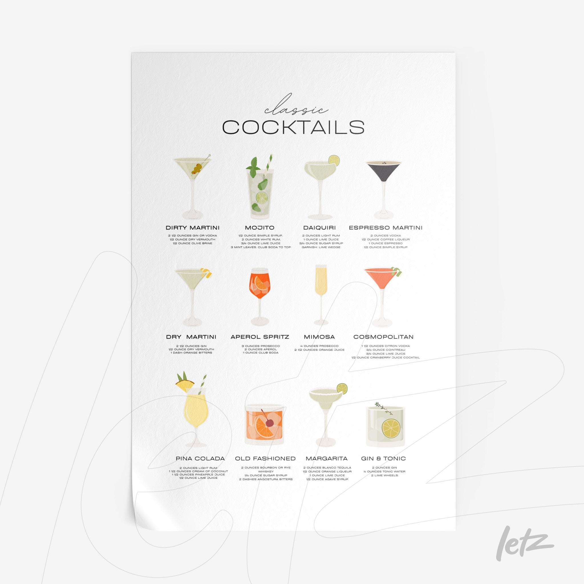 framed art with illustrations of classic cocktails on light background featuring dry martini, mojito, and piña colada arranged in rows