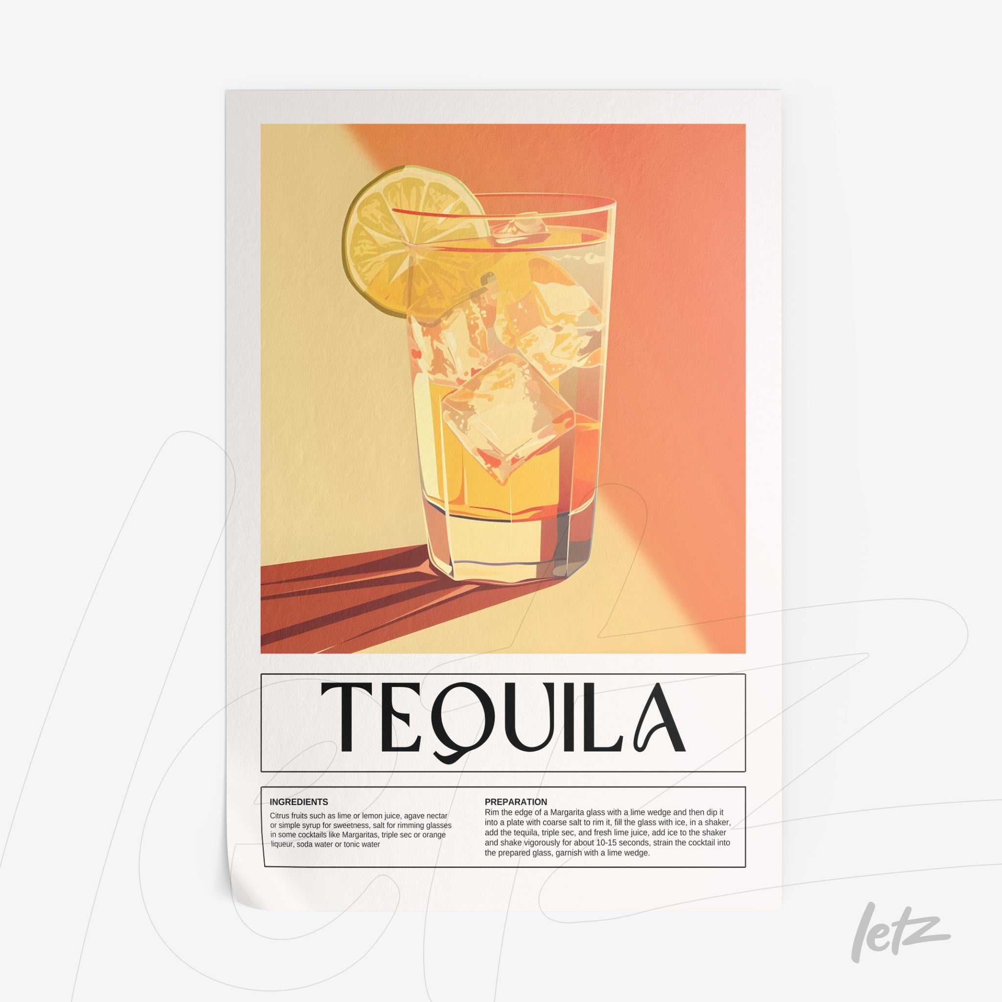 framed artwork featuring a glass of tequila with ice and lemon on a warm gradient background