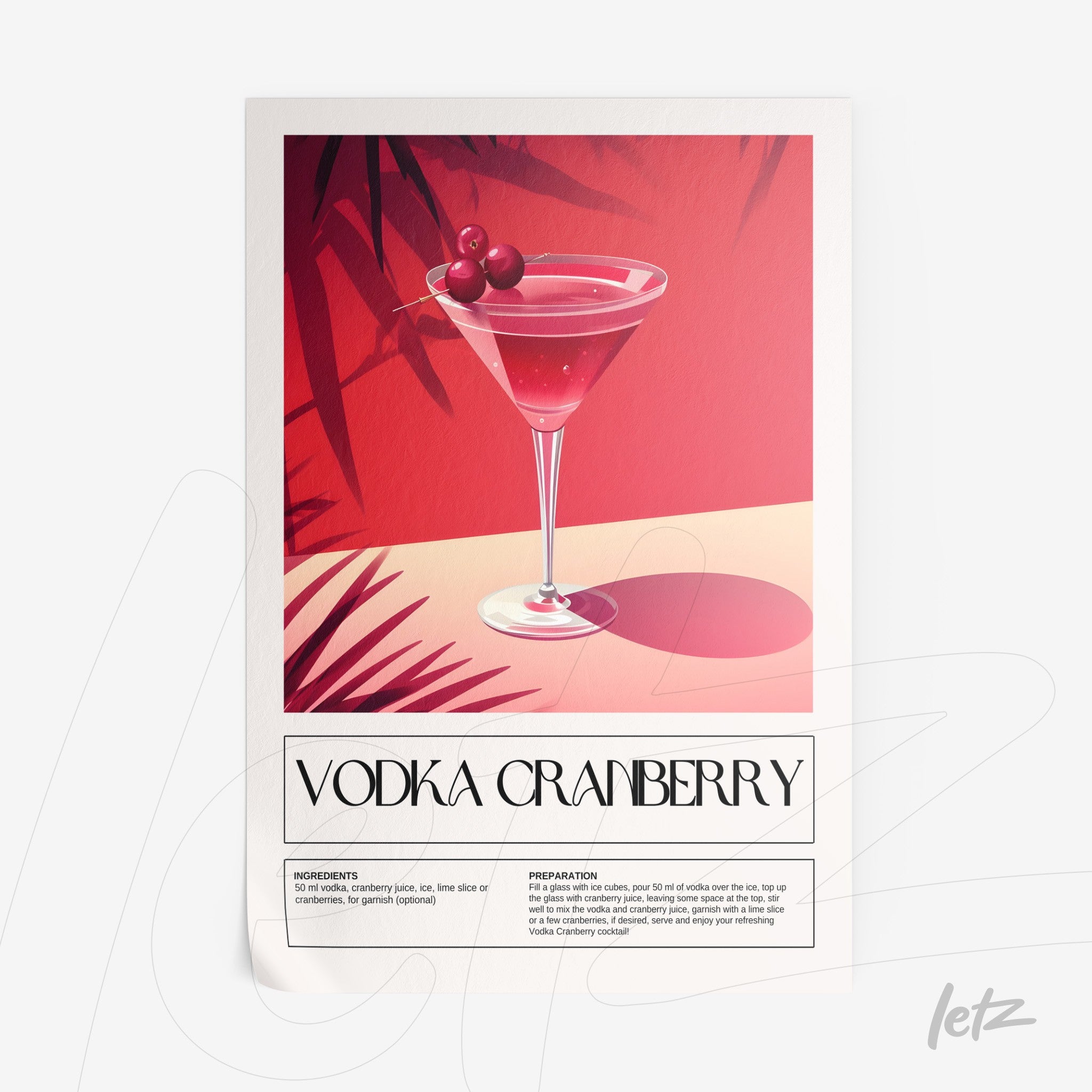 framed wall art featuring a vodka cranberry cocktail on a pink background with tropical leaves
