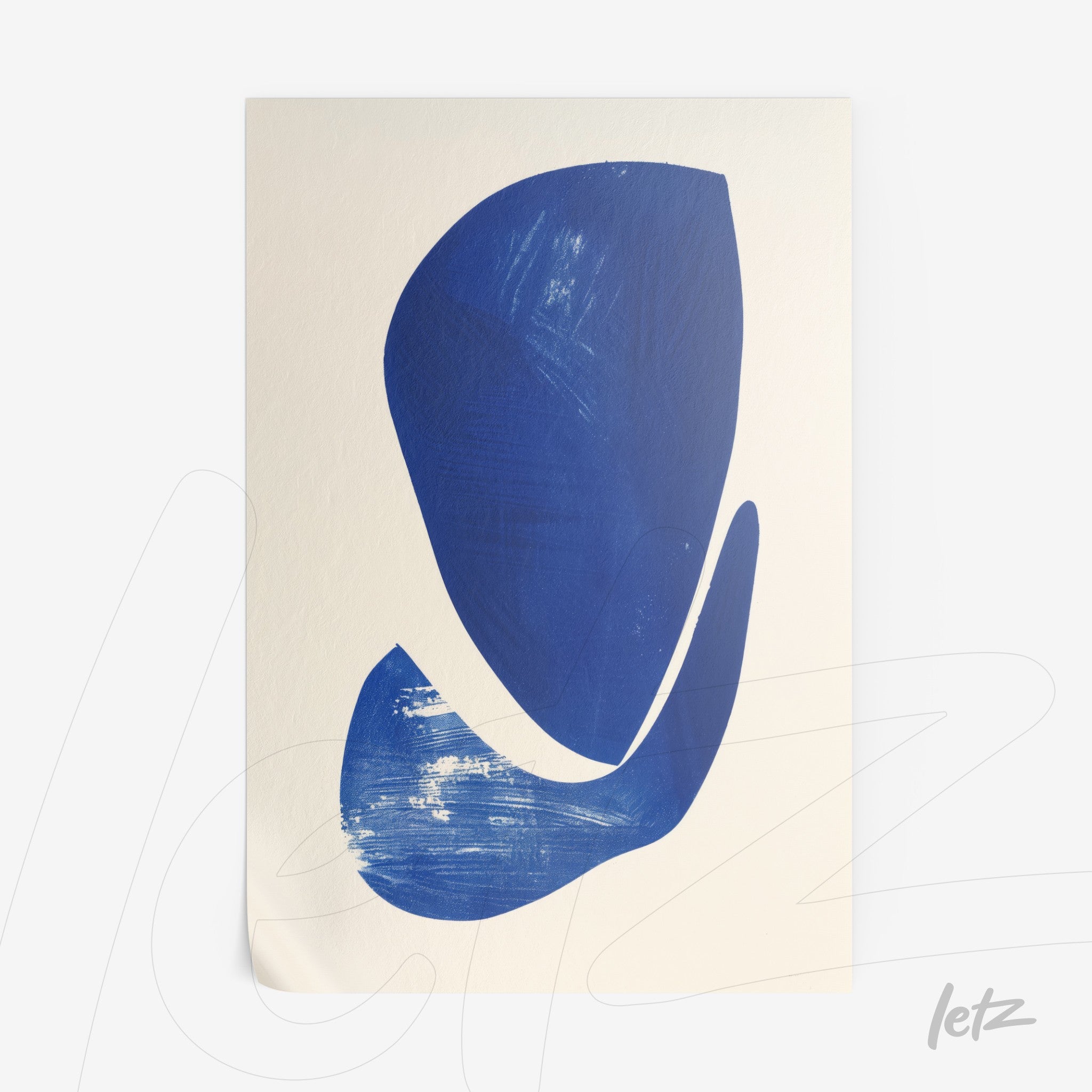 abstract wall art featuring blue shapes on a light background