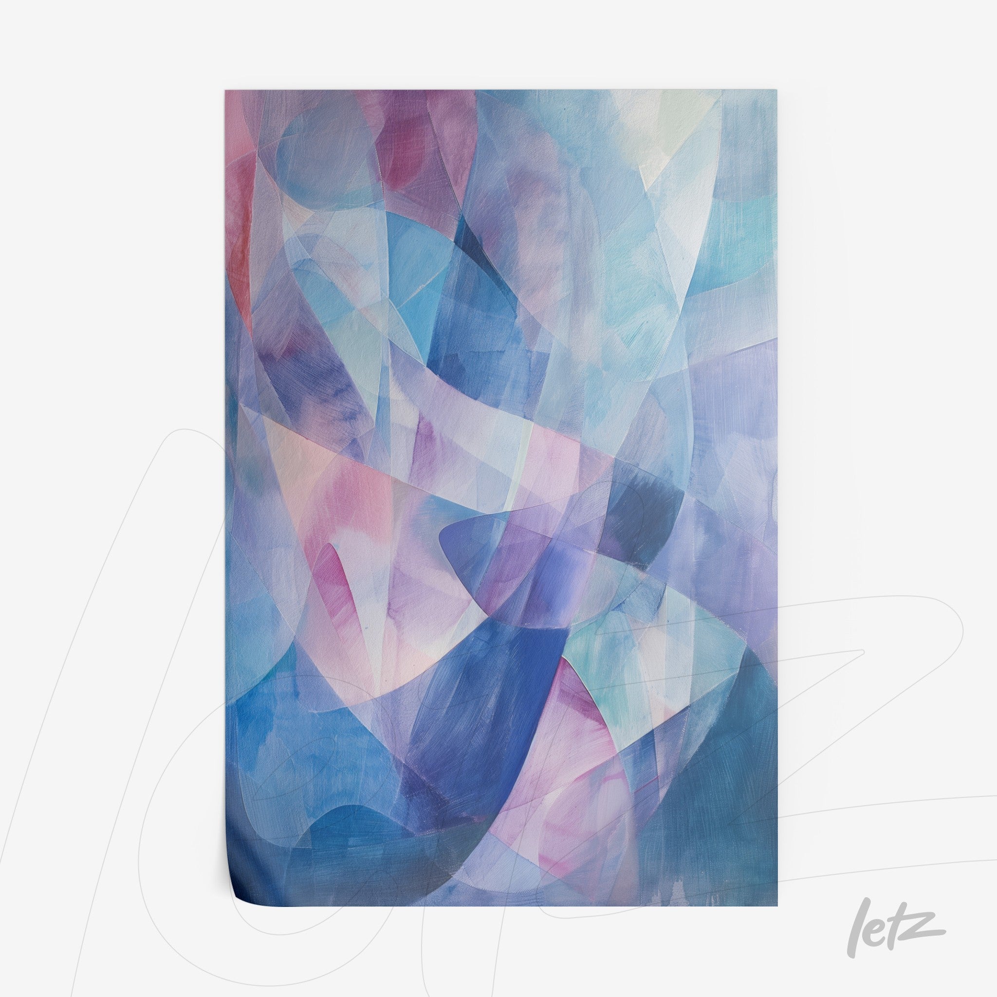 abstract wall art in shades of blue and pink featuring fluid, overlapping shapes