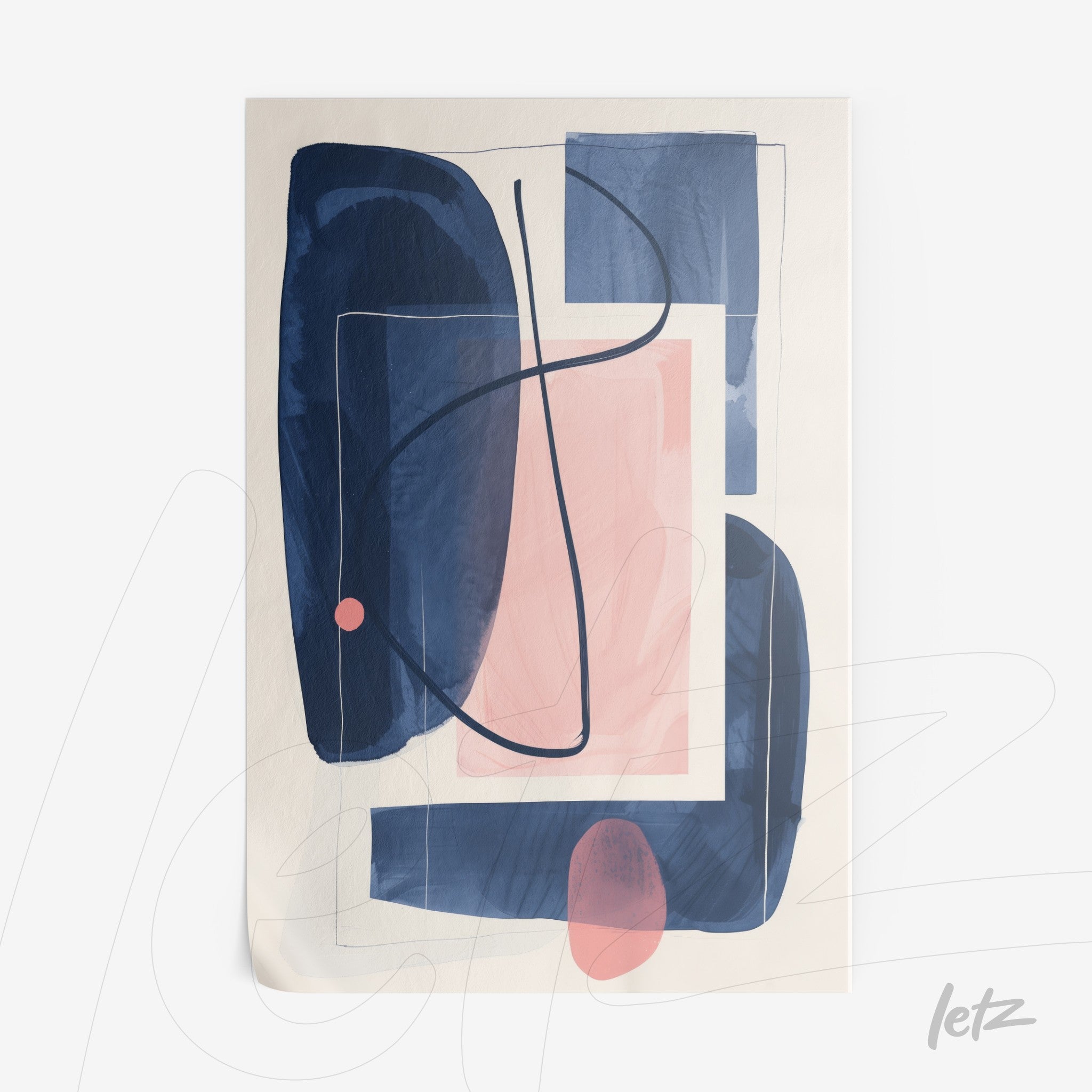 abstract wall art in shades of blue and pink featuring geometric shapes on a light background