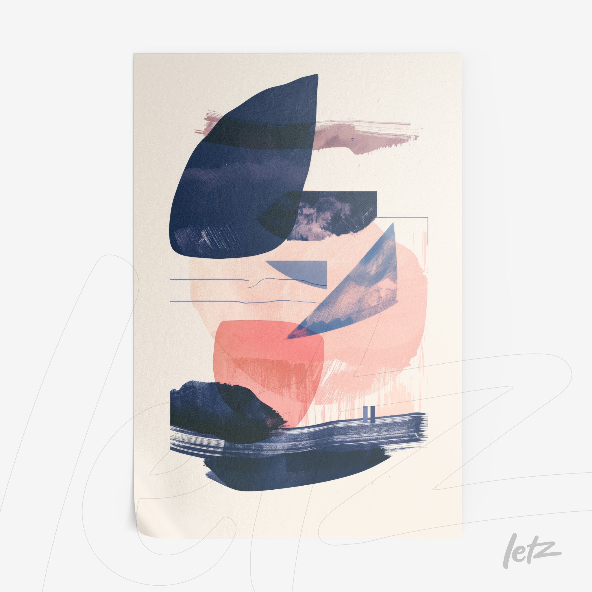 abstract wall art featuring organic shapes in shades of blue and pink with soft lines on a light background