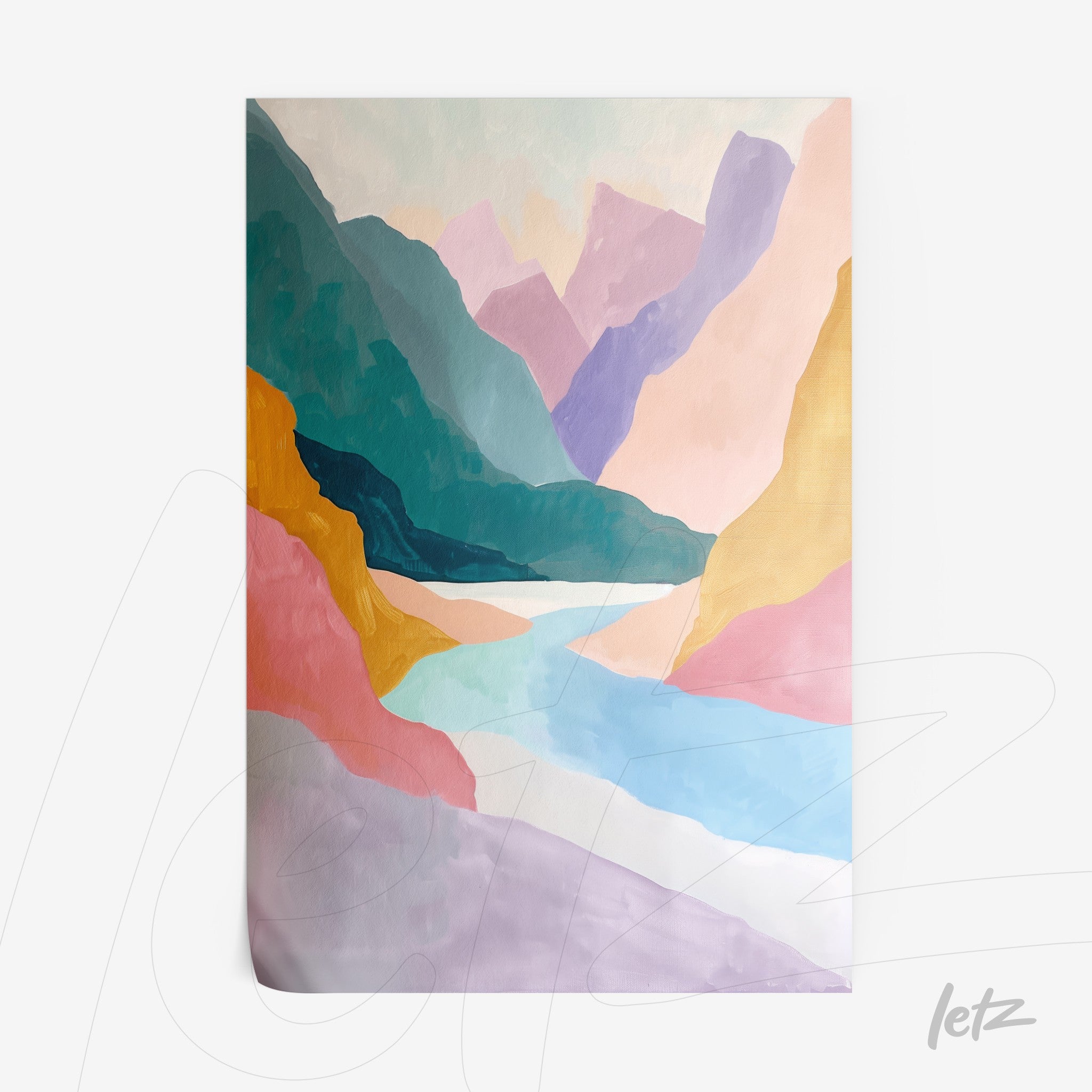 abstract wall art depicting a pastel-colored mountain landscape