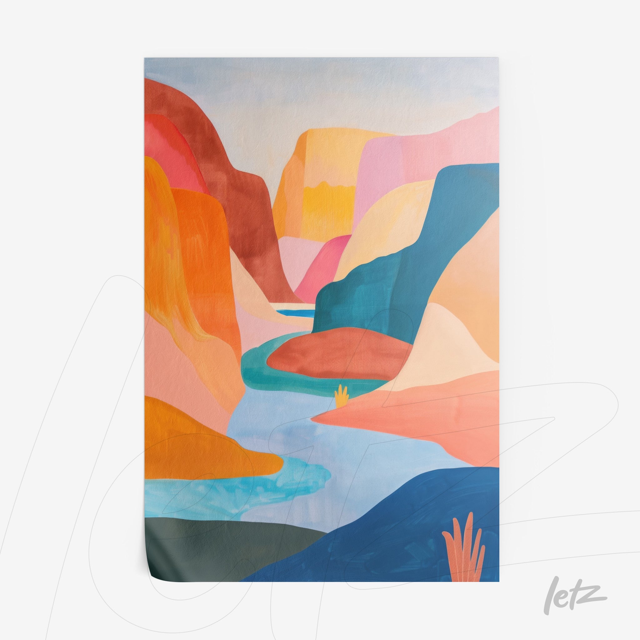 abstract wall art in warm tones depicting a canyon landscape with a river running through