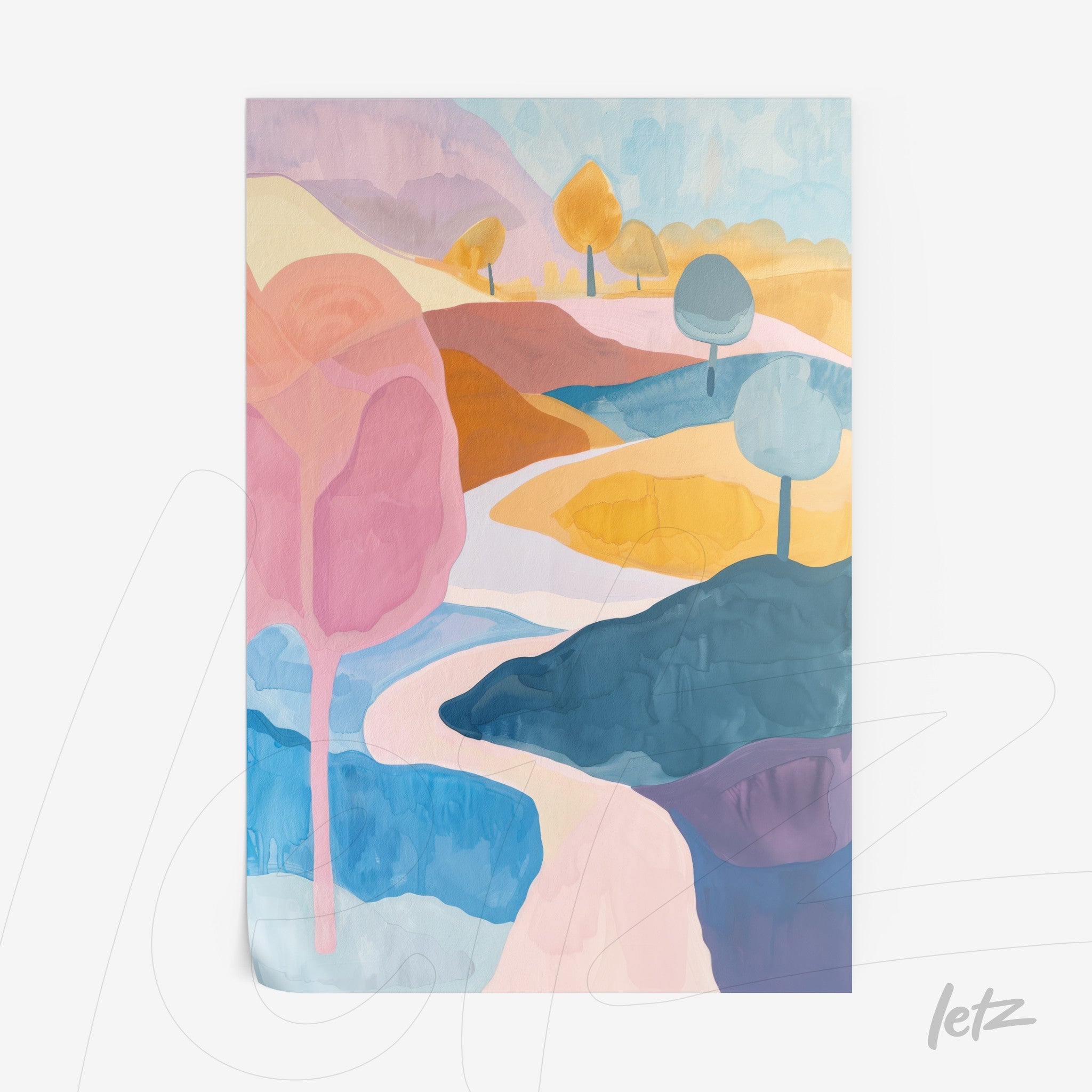 abstract landscape wall art in pastel colors featuring pink and blue trees with a winding path in the center