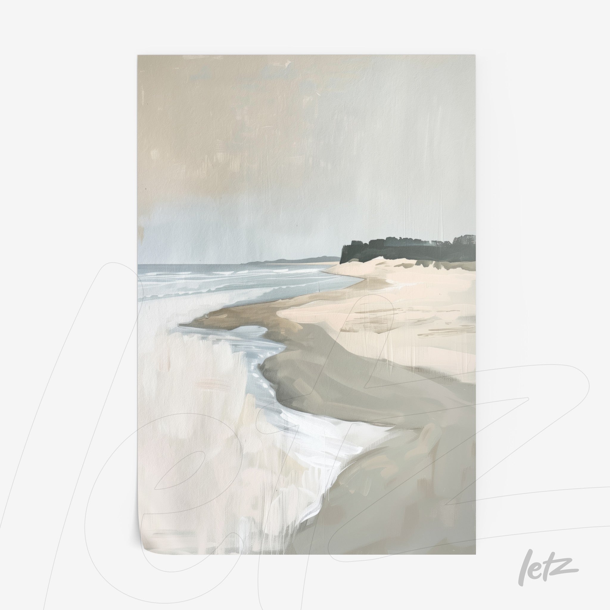 artwork depicting an abstract coastal landscape featuring light-colored sand and gentle waves under a cloudy sky