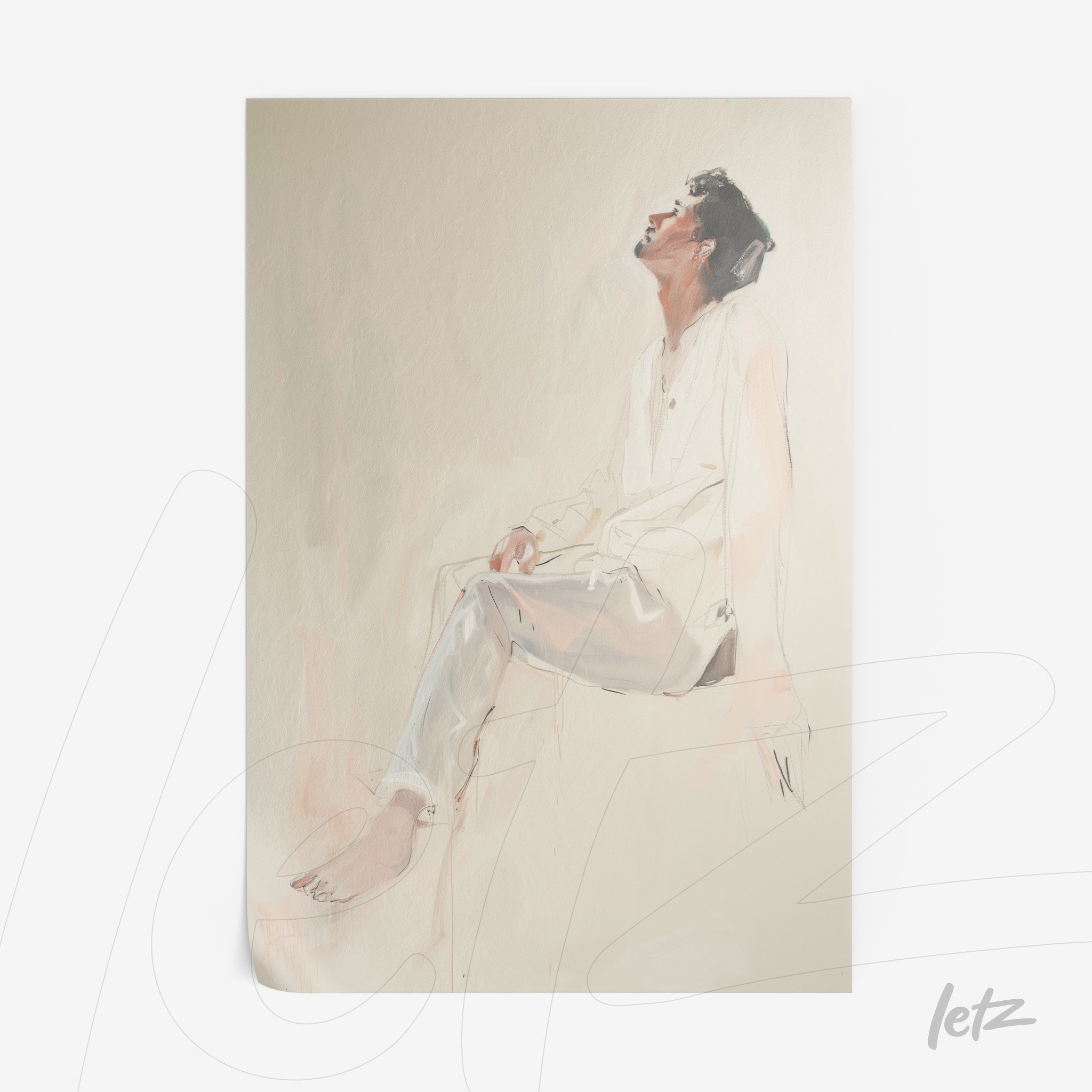 digital artwork of a reflective male figure sitting against a soft beige background