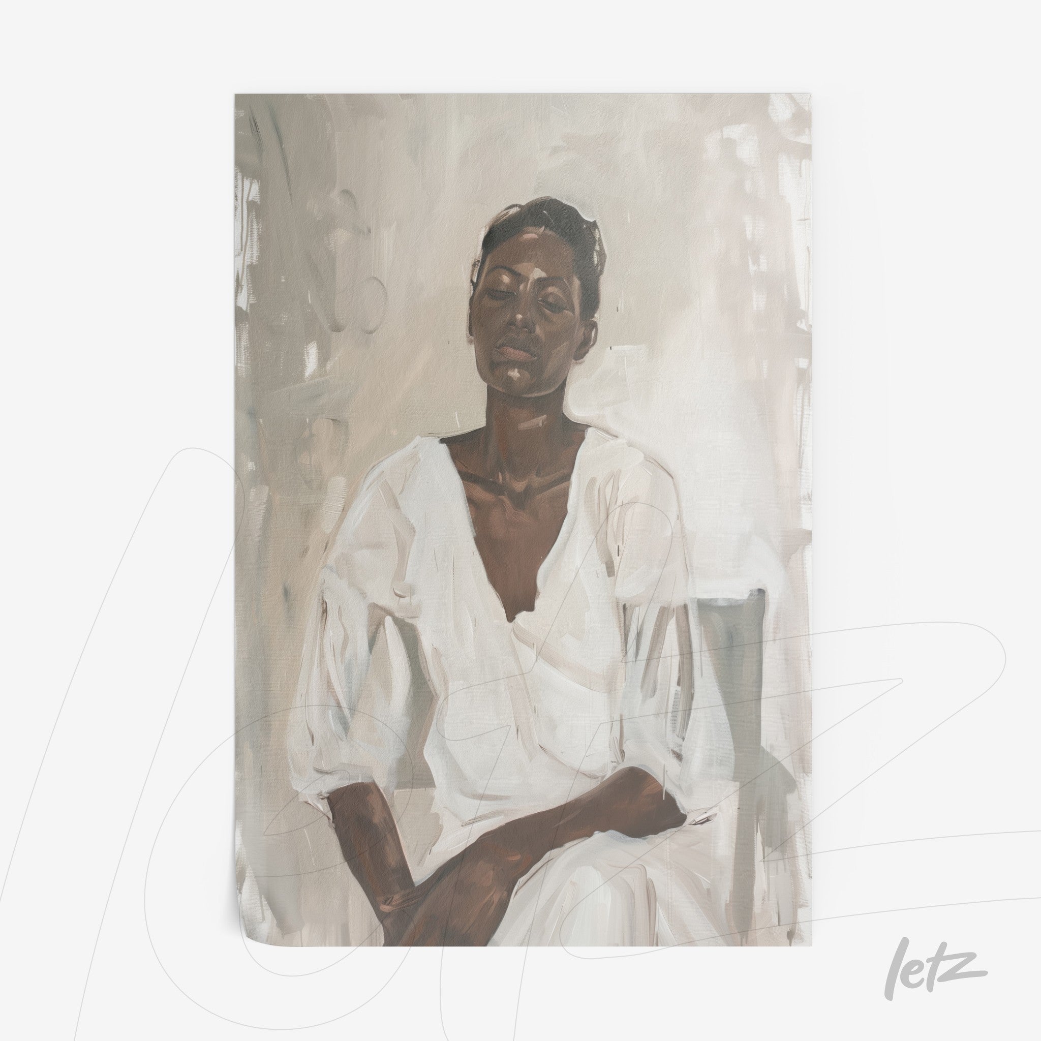 canvas painting of a dark-skinned woman wearing a white shirt, set against a soft background with neutral tones