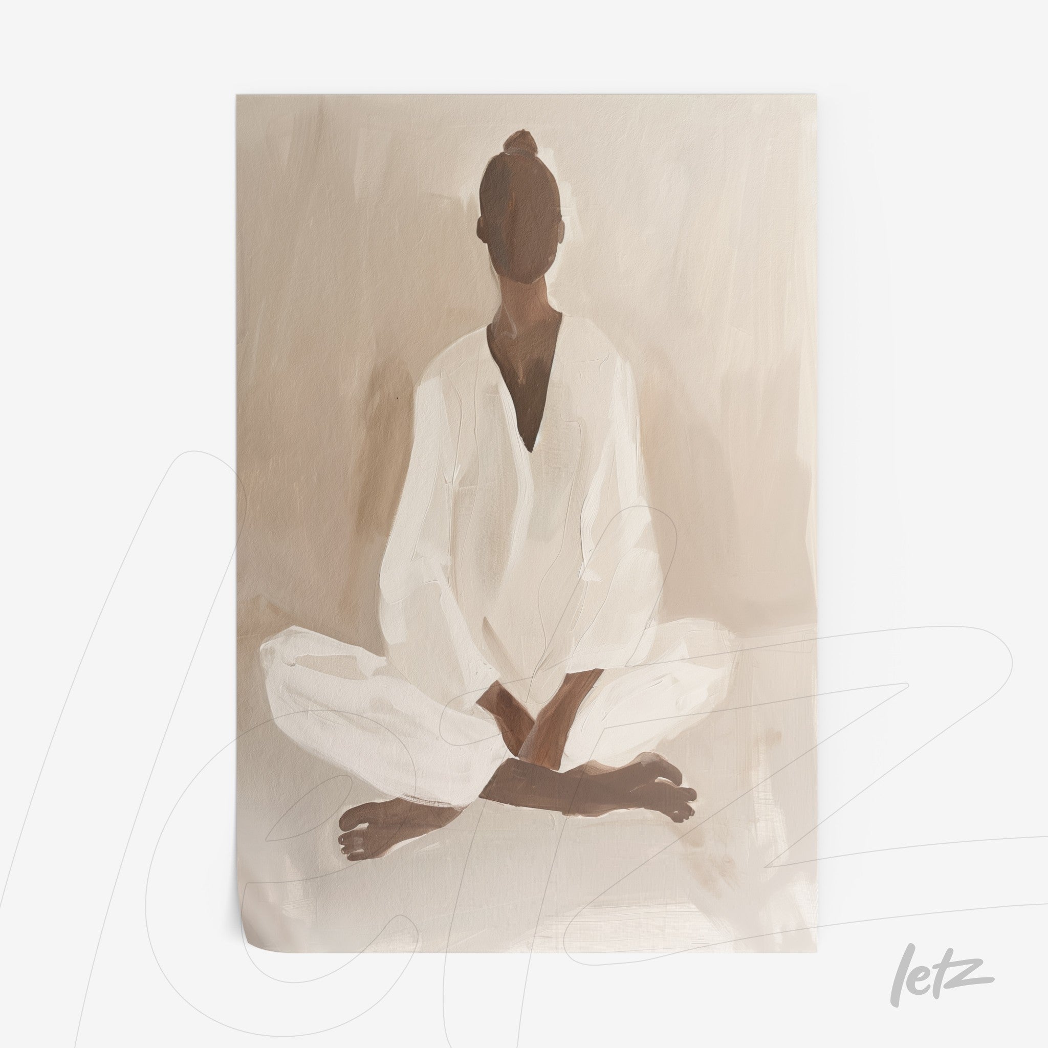 abstract art print featuring a female figure meditating in neutral tones with a light background and white clothing