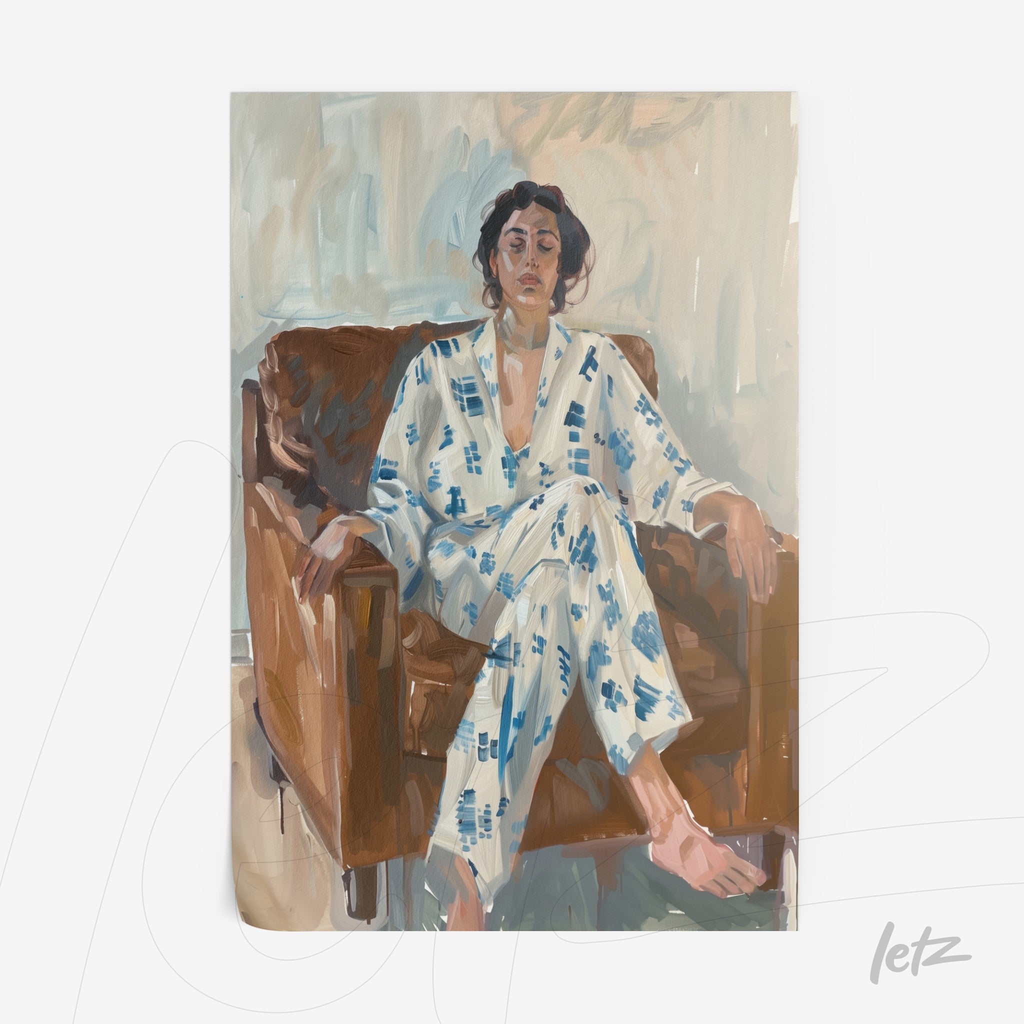 digital artwork of a woman sitting on a brown sofa wearing a blue and white patterned pajama