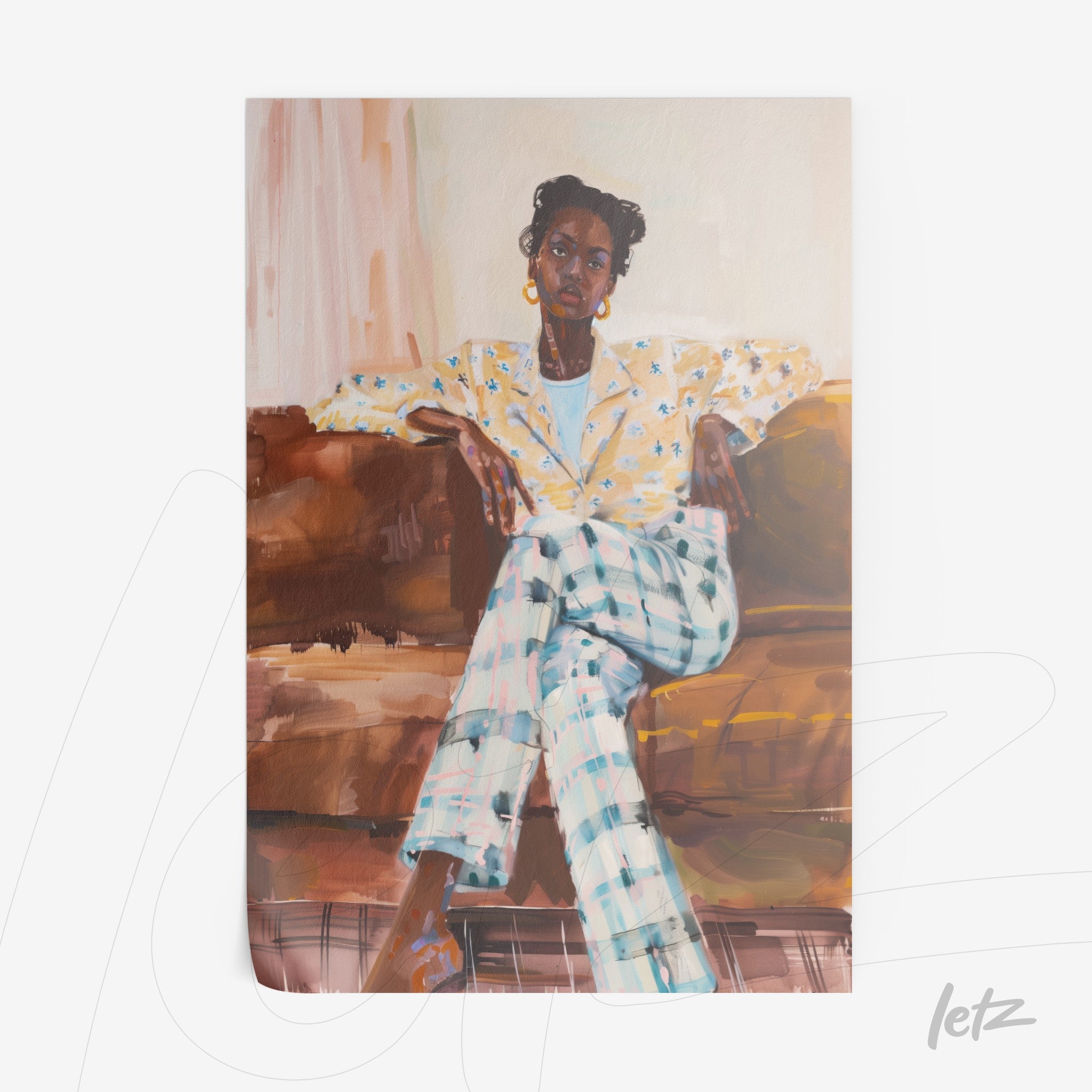 framed contemporary art of a seated woman on a sofa, wearing a yellow patterned top and plaid pants