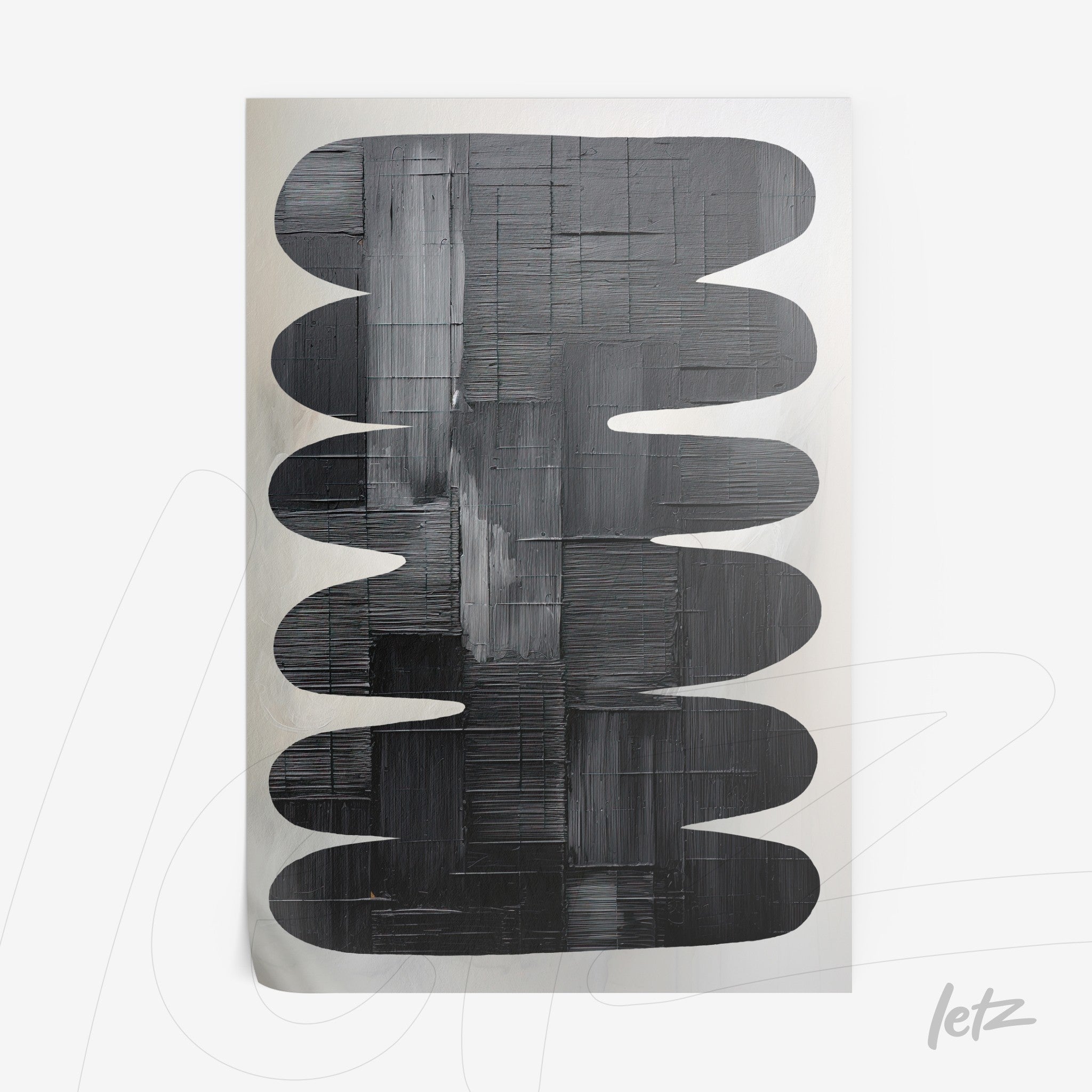 abstract wall art in shades of black on silver background