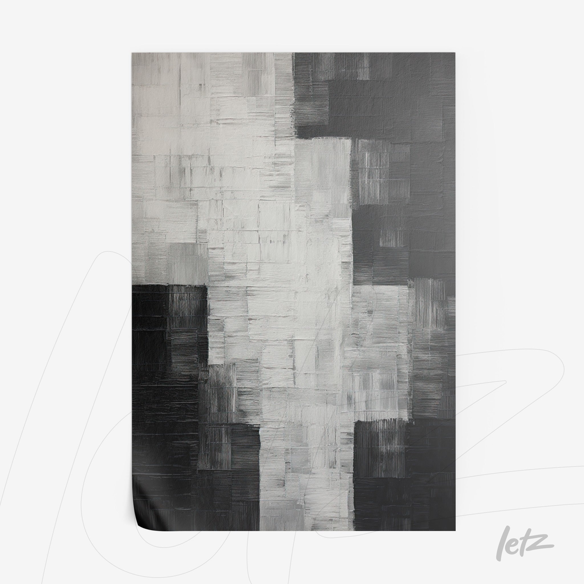 canvas art featuring abstract black and white textures with varying brush strokes