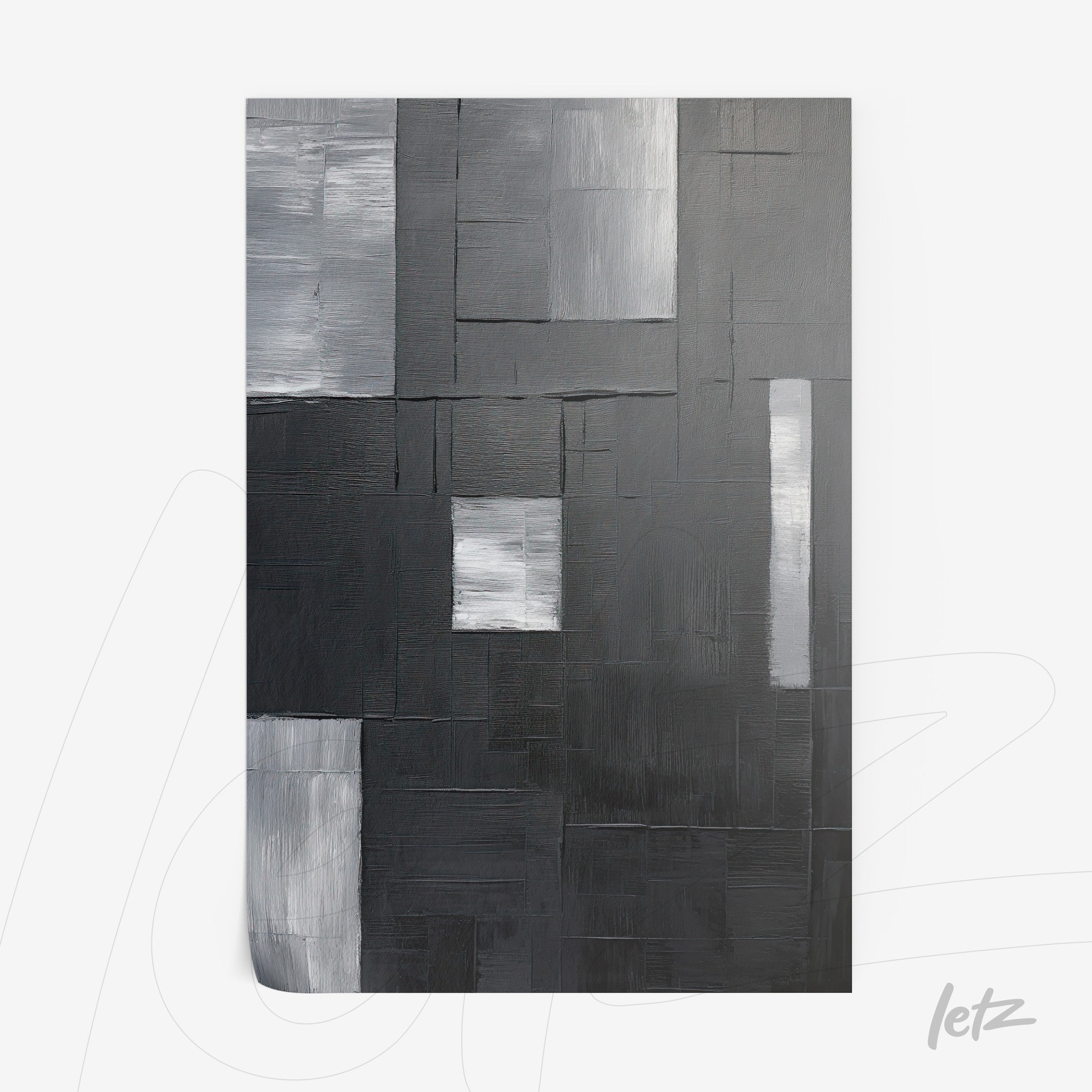 canvas wall art featuring abstract design in black, gray, and white tones with varied textures