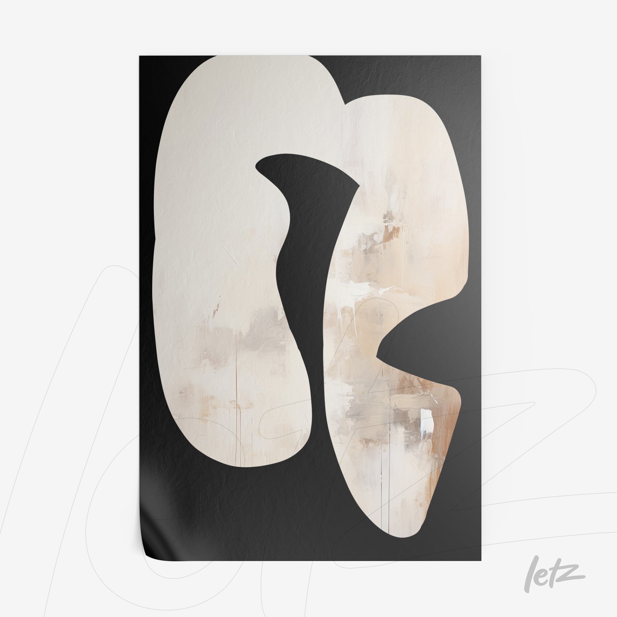 abstract artwork featuring organic shapes in neutral tones on black background