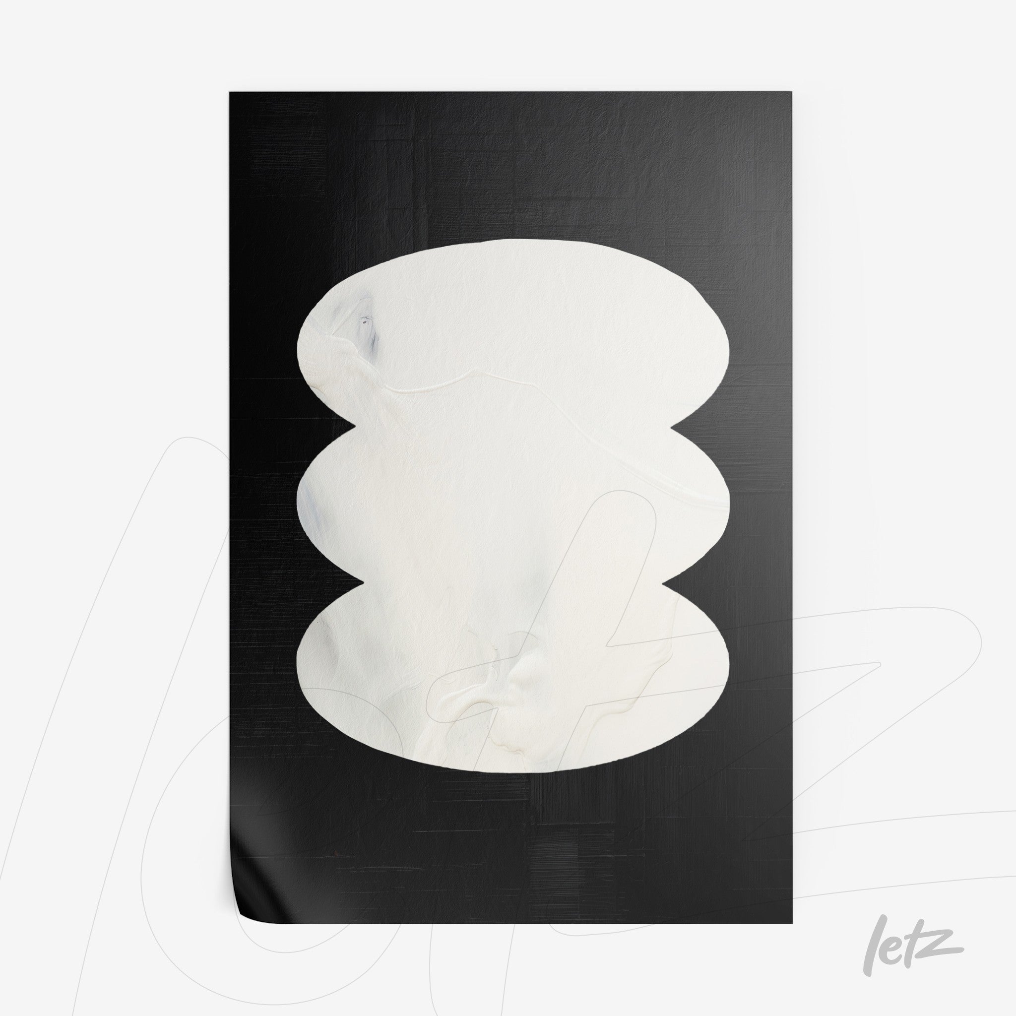 canvas artwork featuring abstract design in white tones on a black background with fluid texture