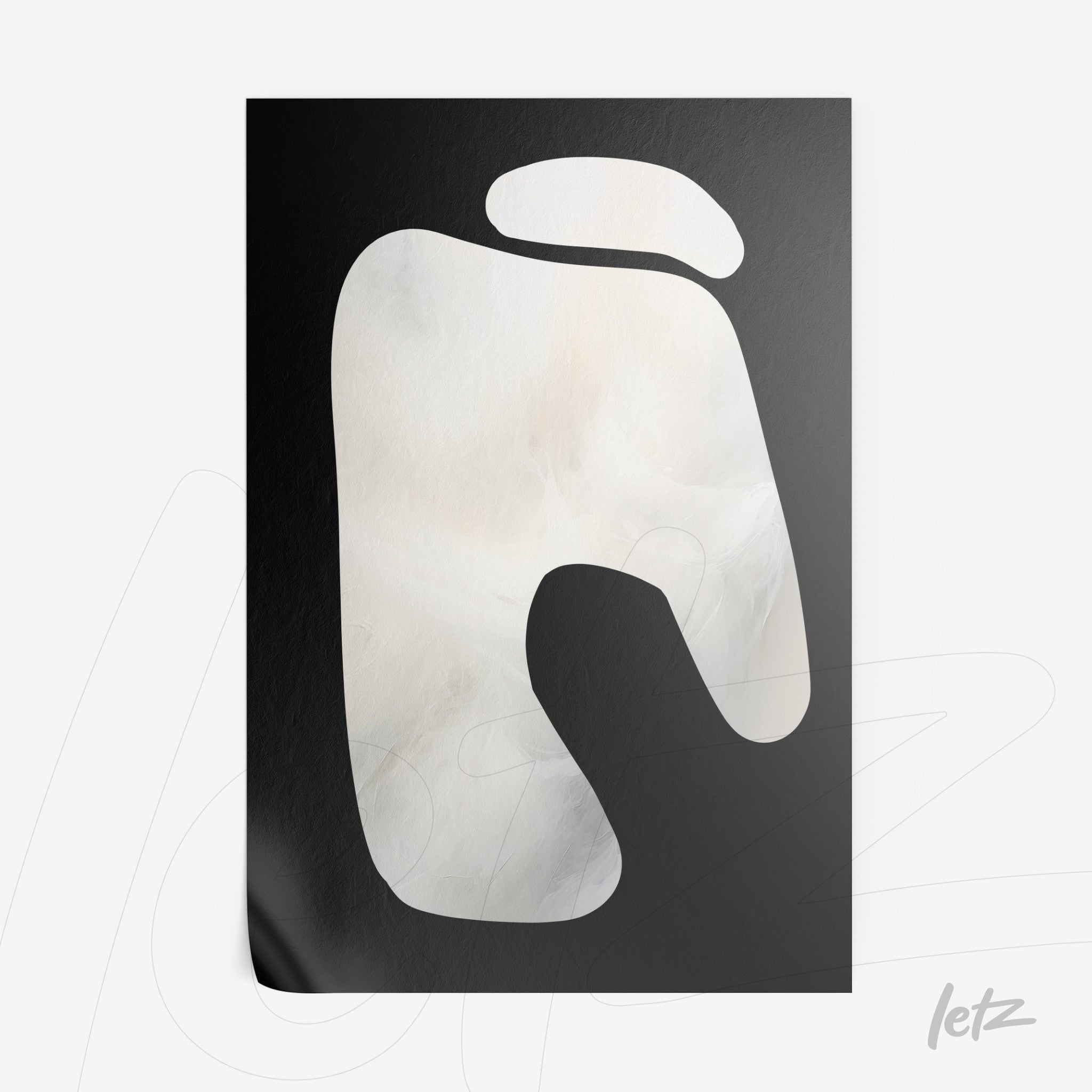 abstract wall art featuring white textured shapes on a black background