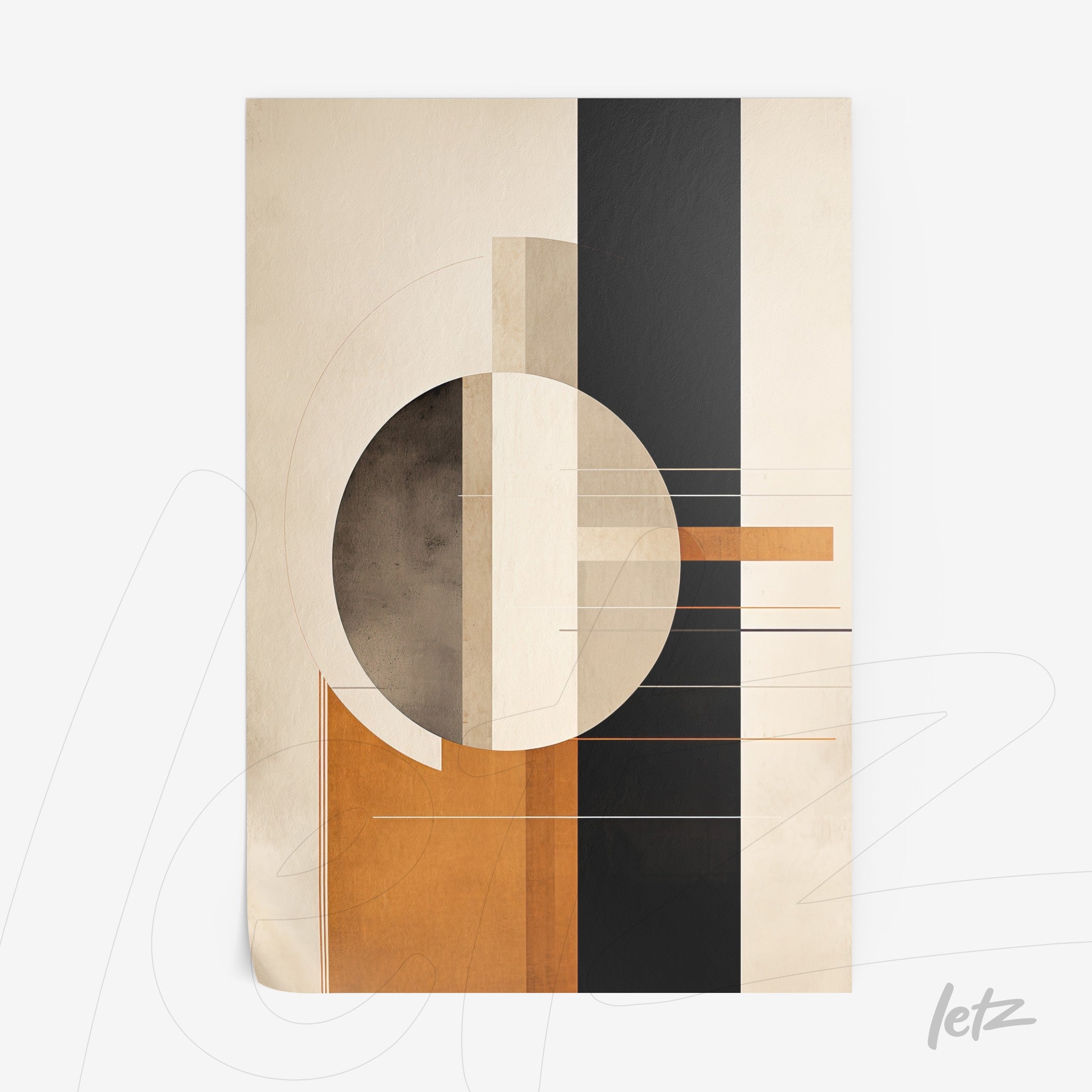 abstract wall art in shades of orange, black, and cream featuring geometric shapes like circles and straight lines