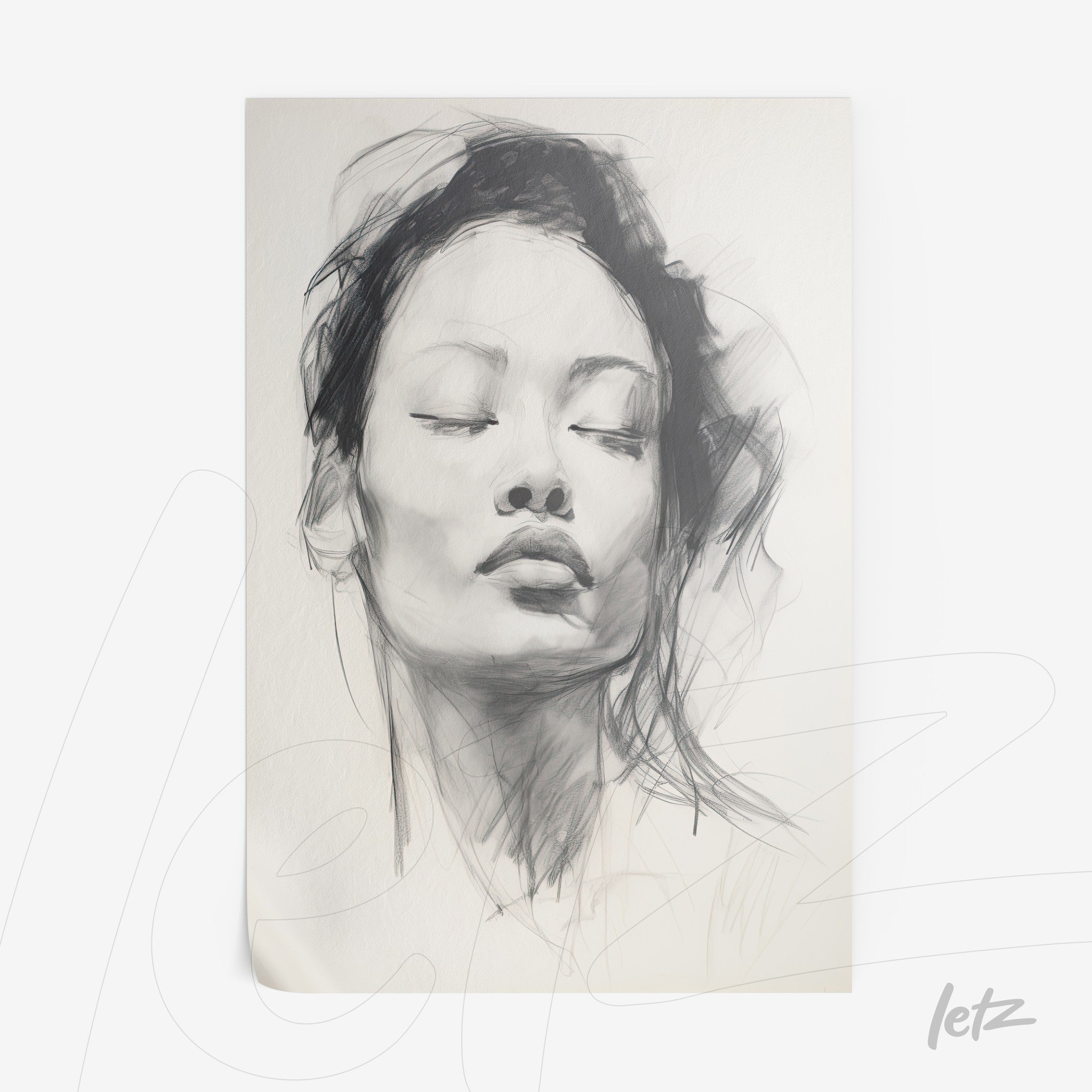 framed artwork featuring a black and gray ink illustration of a woman with closed eyes on a light background