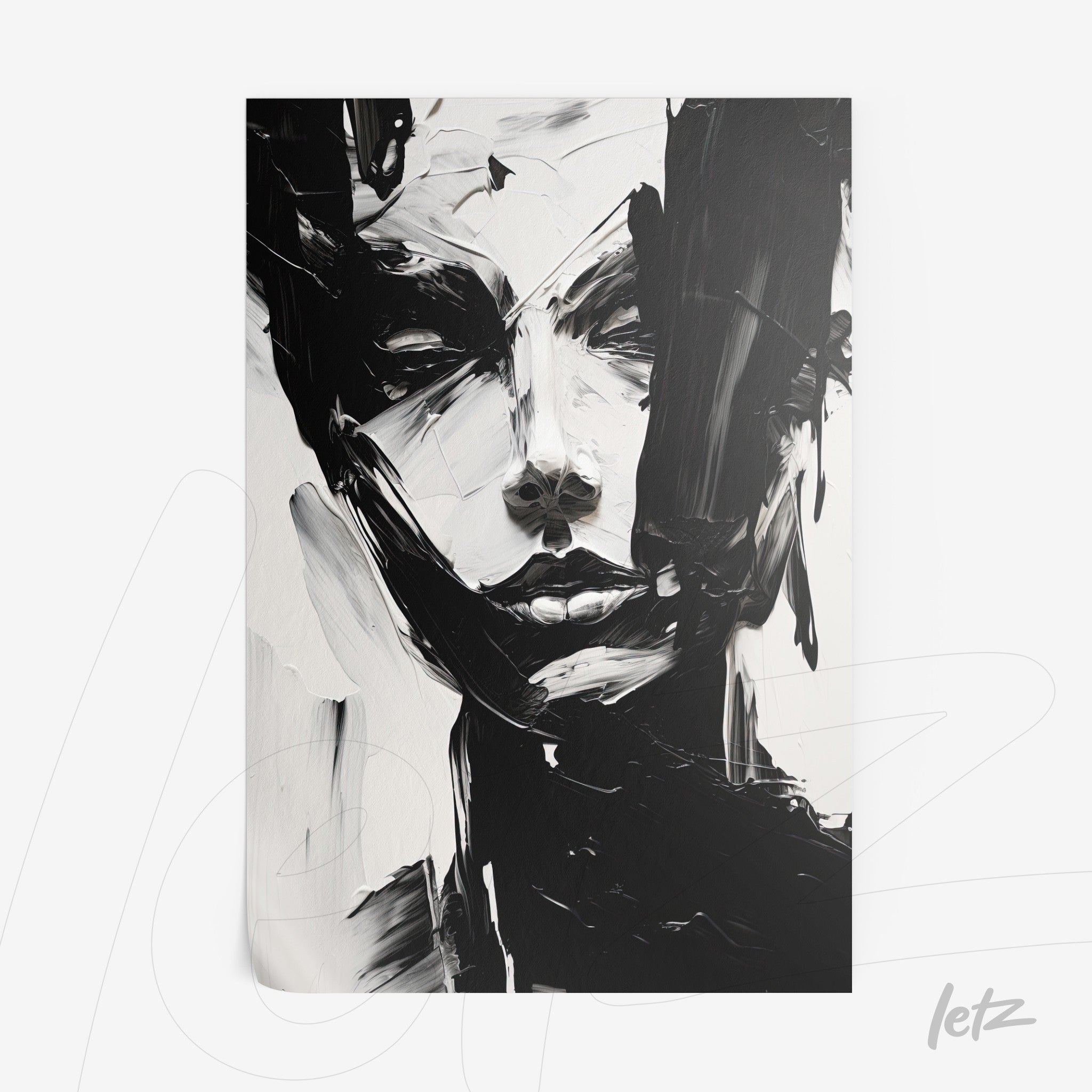 abstract portrait in black and white featuring expressive brush strokes depicting a woman's facial features