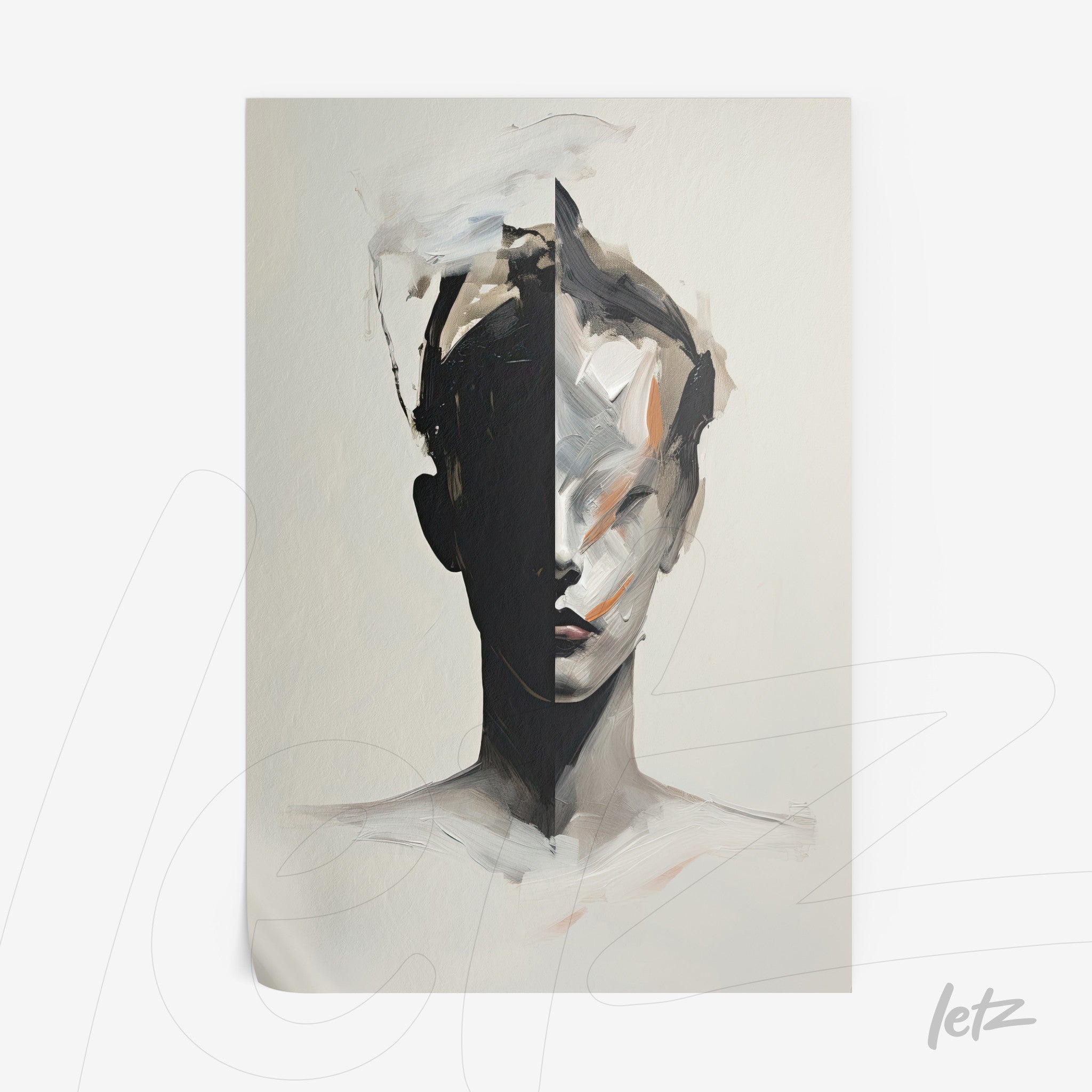 abstract wall art depicting a human face in black and white tones against a light background