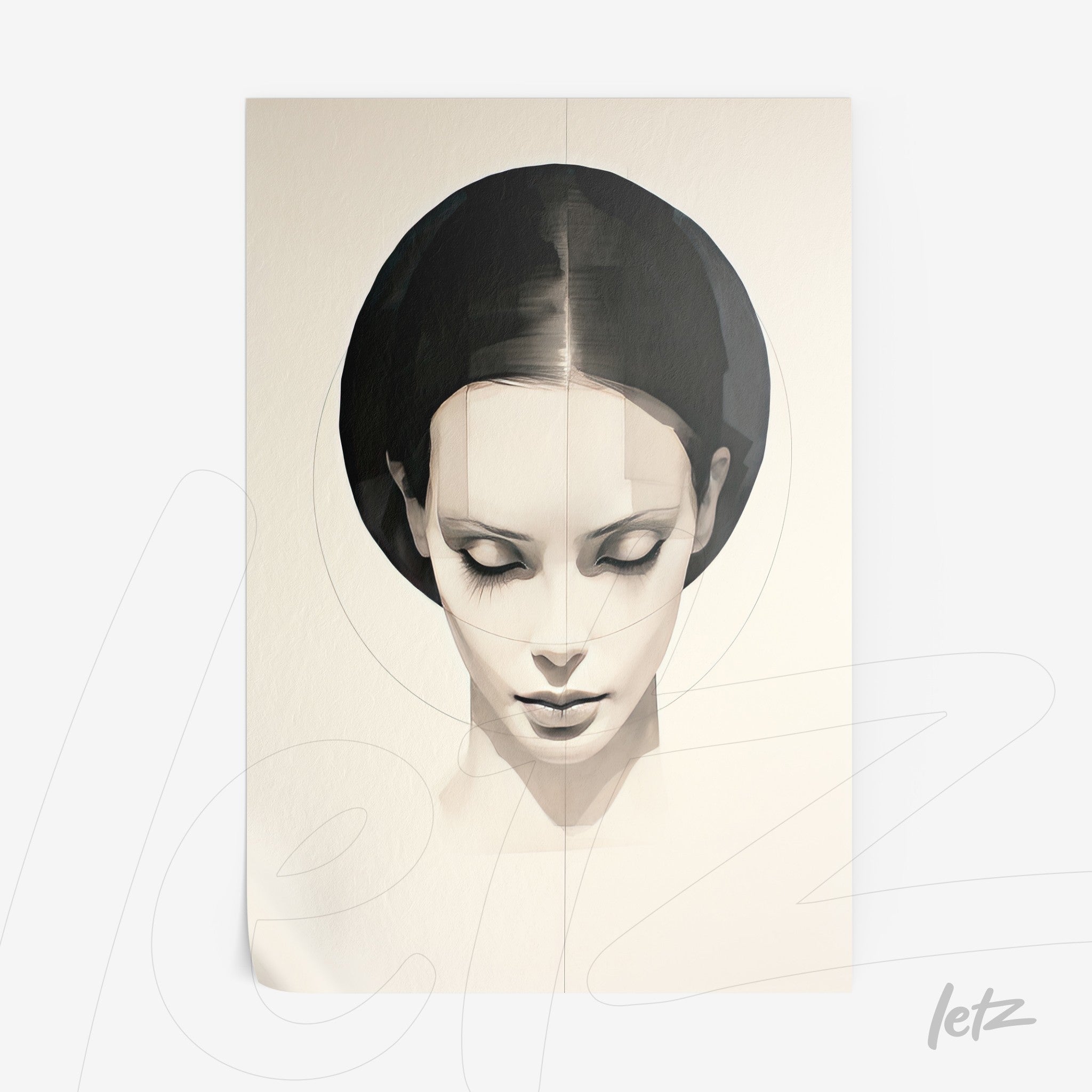 modern wall art featuring a feminine face in neutral tones with geometric lines