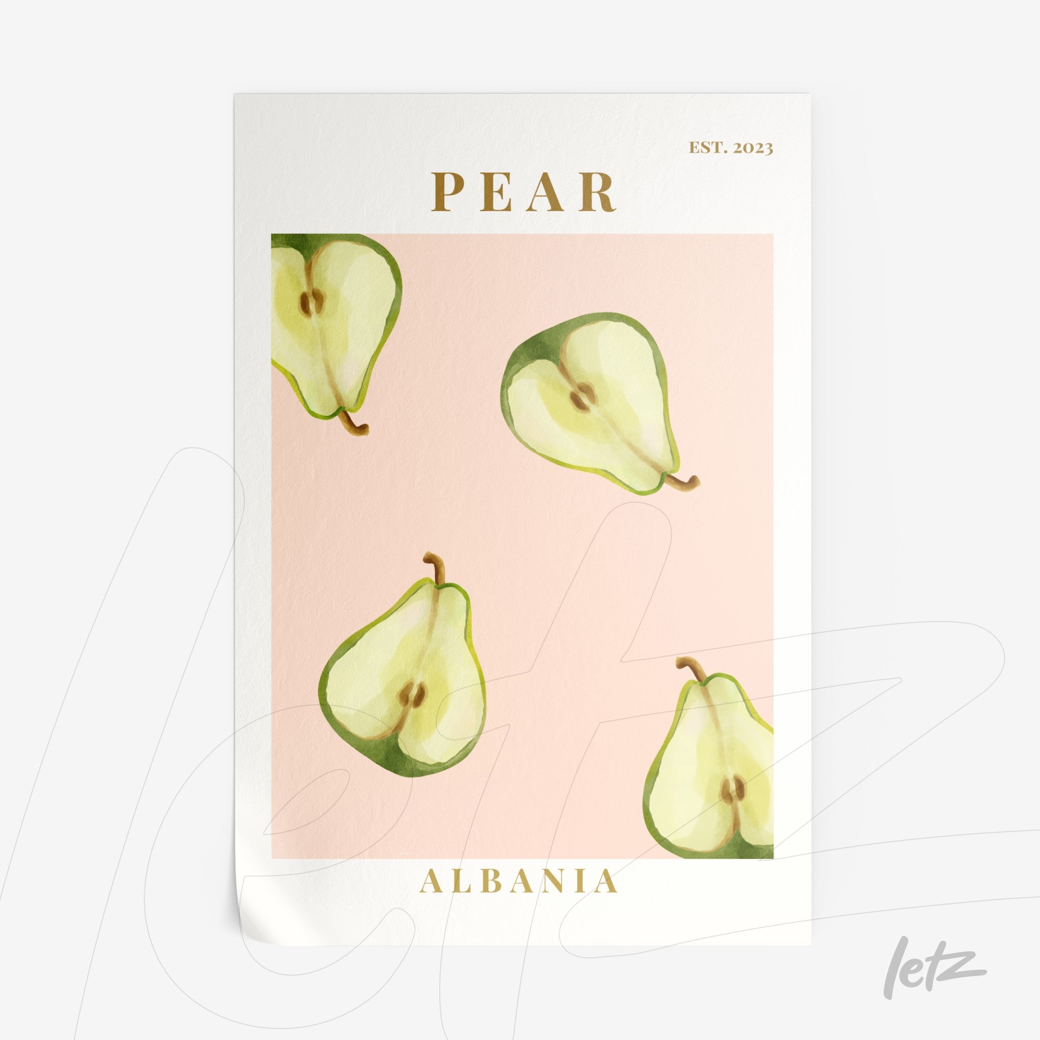 art print featuring illustrations of pears on a soft pink background with gold lettering at the top