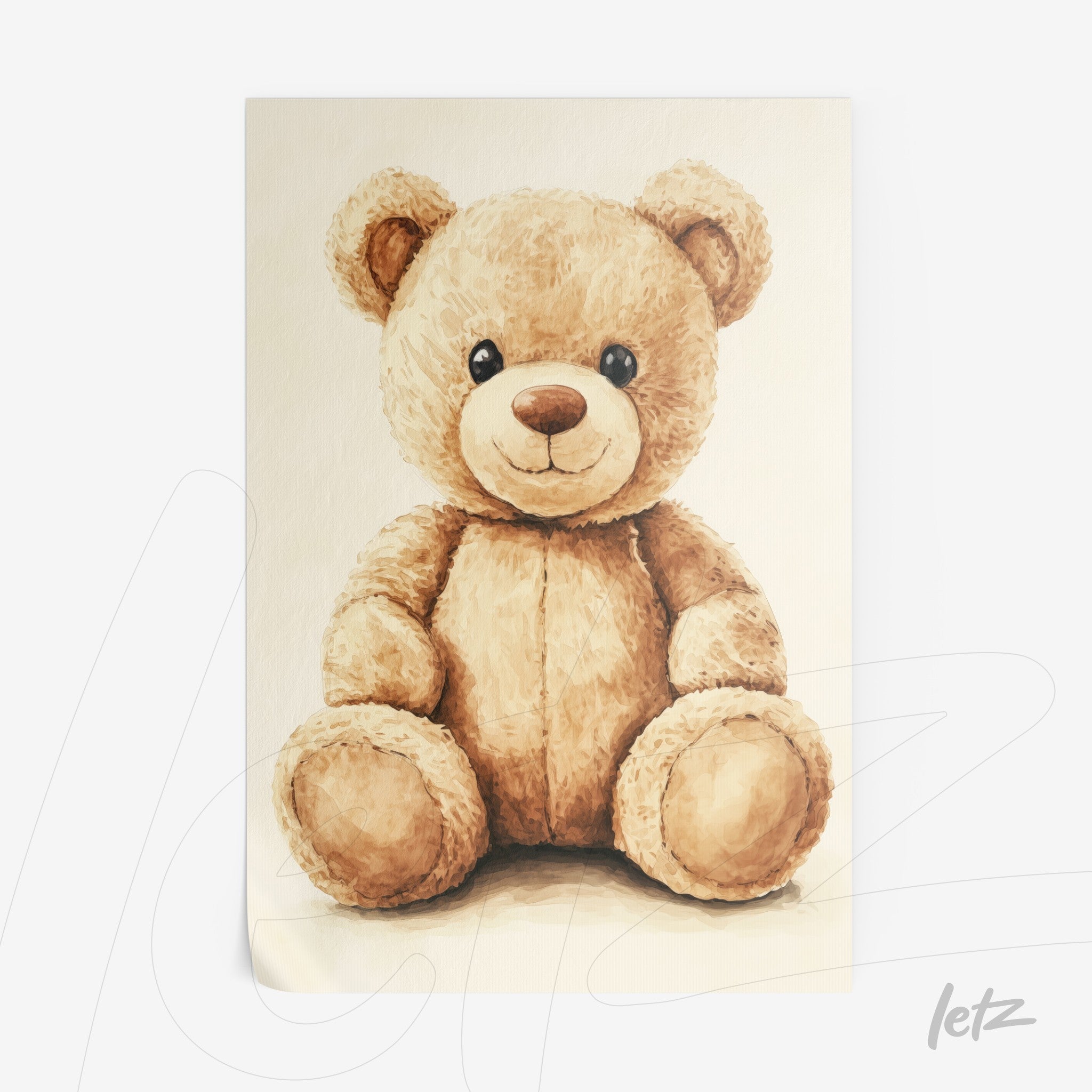 illustration of a brown teddy bear on canvas print with neutral background