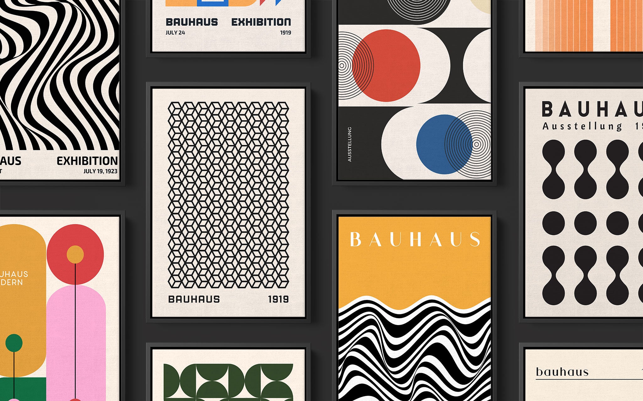 coleção de quadros com artes em estilo bauhaus, apresentando padrões geométricos coloridos e tipografia estilizada, em molduras pretas sobre fundo preto
