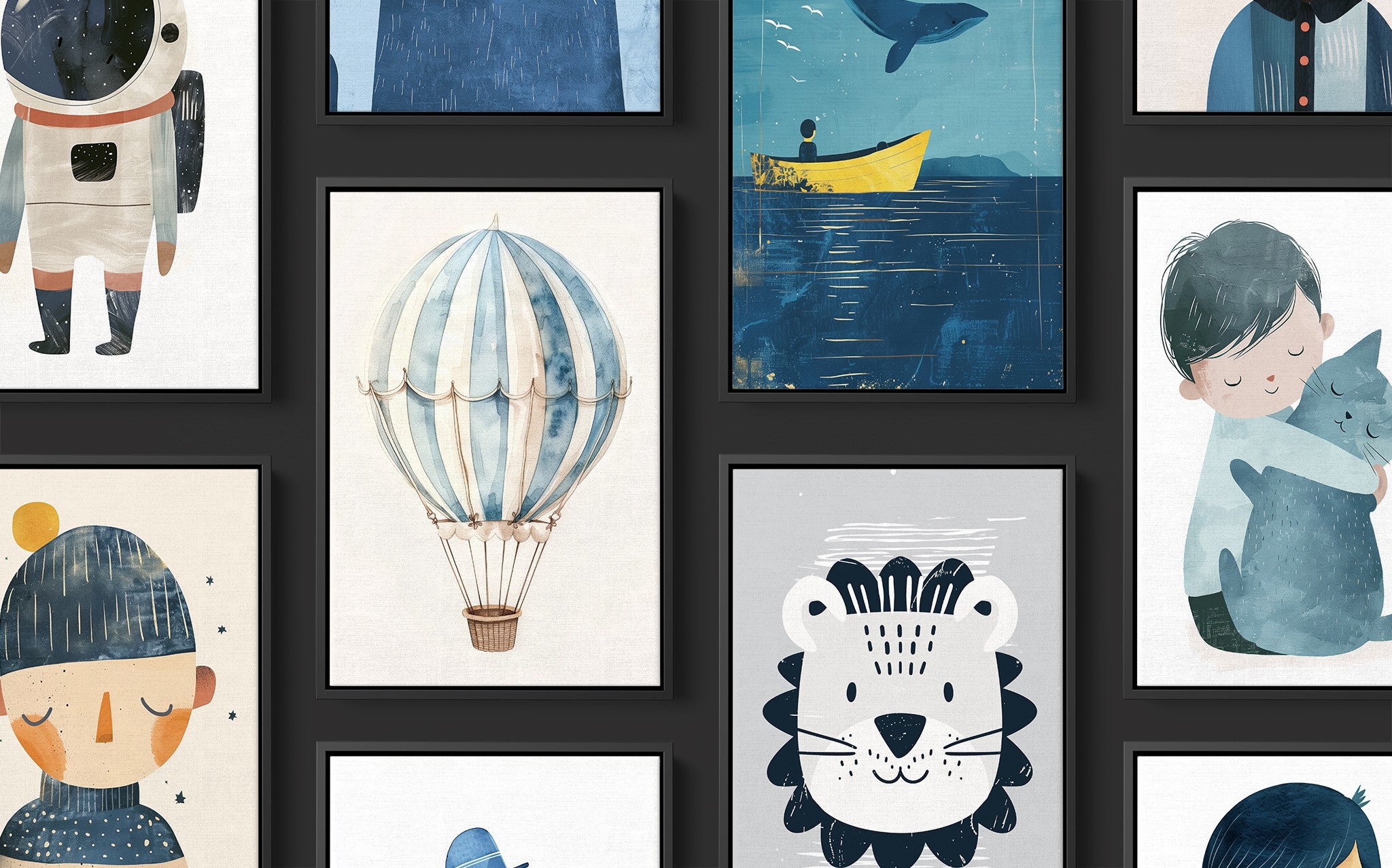 coleção de quadros infantis com ilustrações coloridas de animais, astronautas e balões em molduras pretas