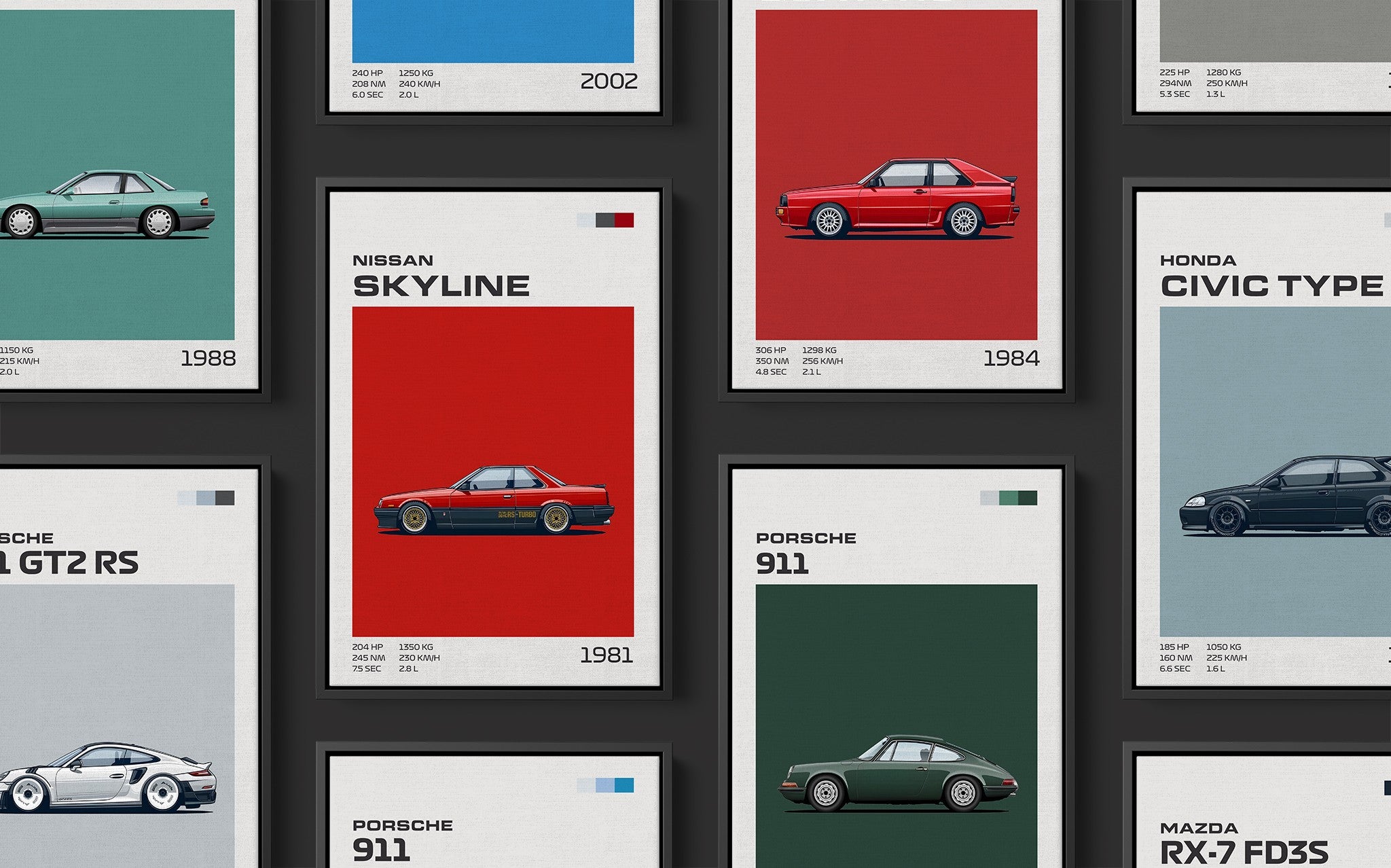 composição de quadros com ilustrações de carros icônicos como Nissan Skyline e Porsche 911, em molduras pretas sobre fundo cinza