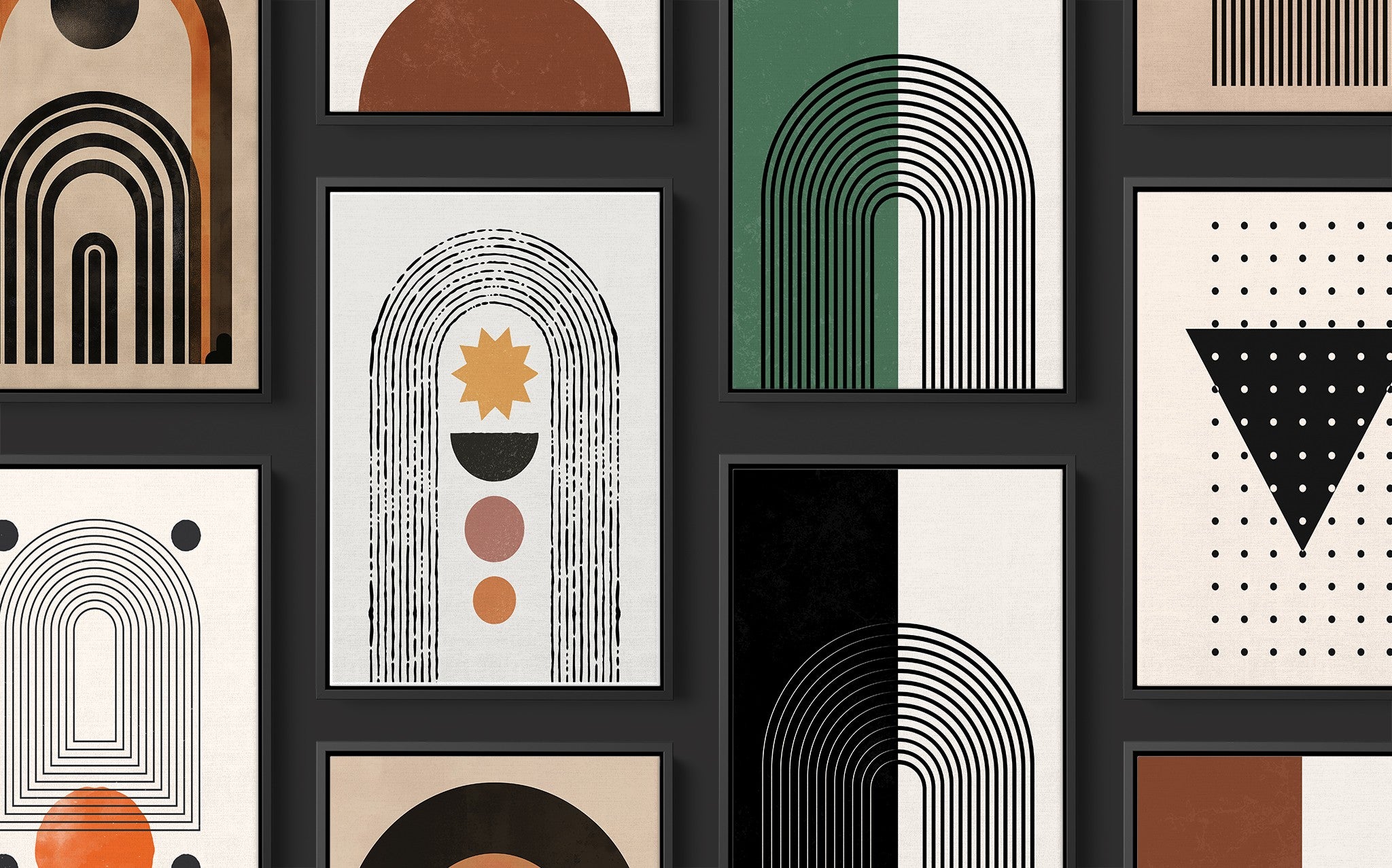 coleção de quadros com arte abstrata em molduras pretas, apresentando arcos coloridos, padrões geométricos e composições variadas em fundo escuro
