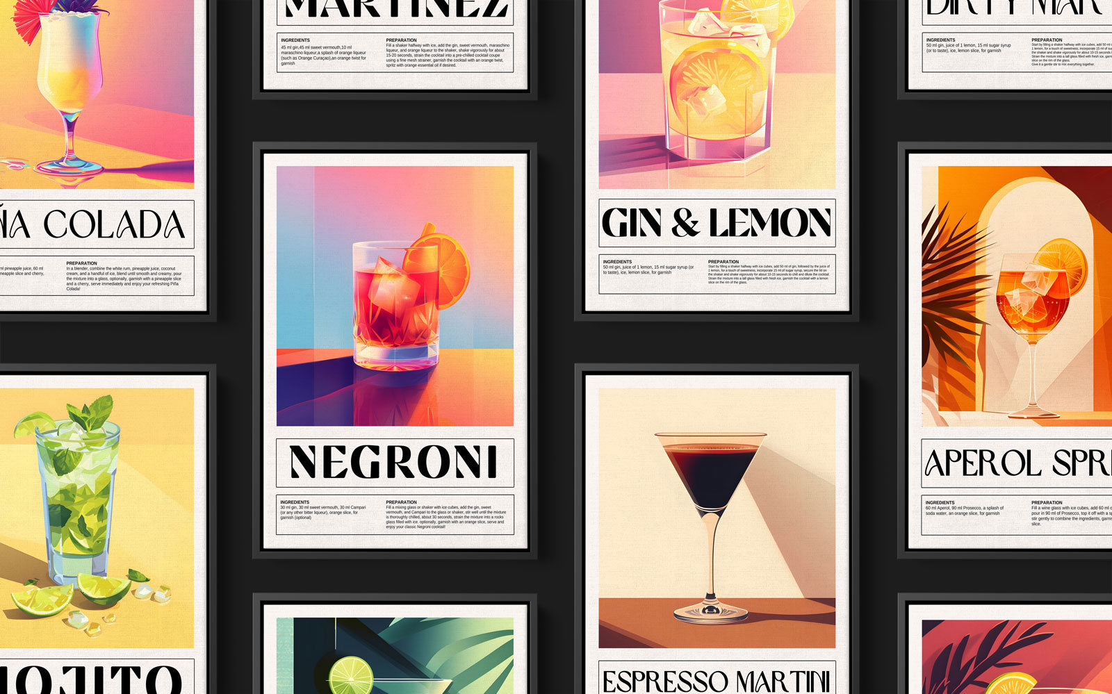 coleção de quadros com ilustrações de coquetéis variados, incluindo mojito, negroni e gin & lemon, exibidos em molduras pretas sobre parede escura
