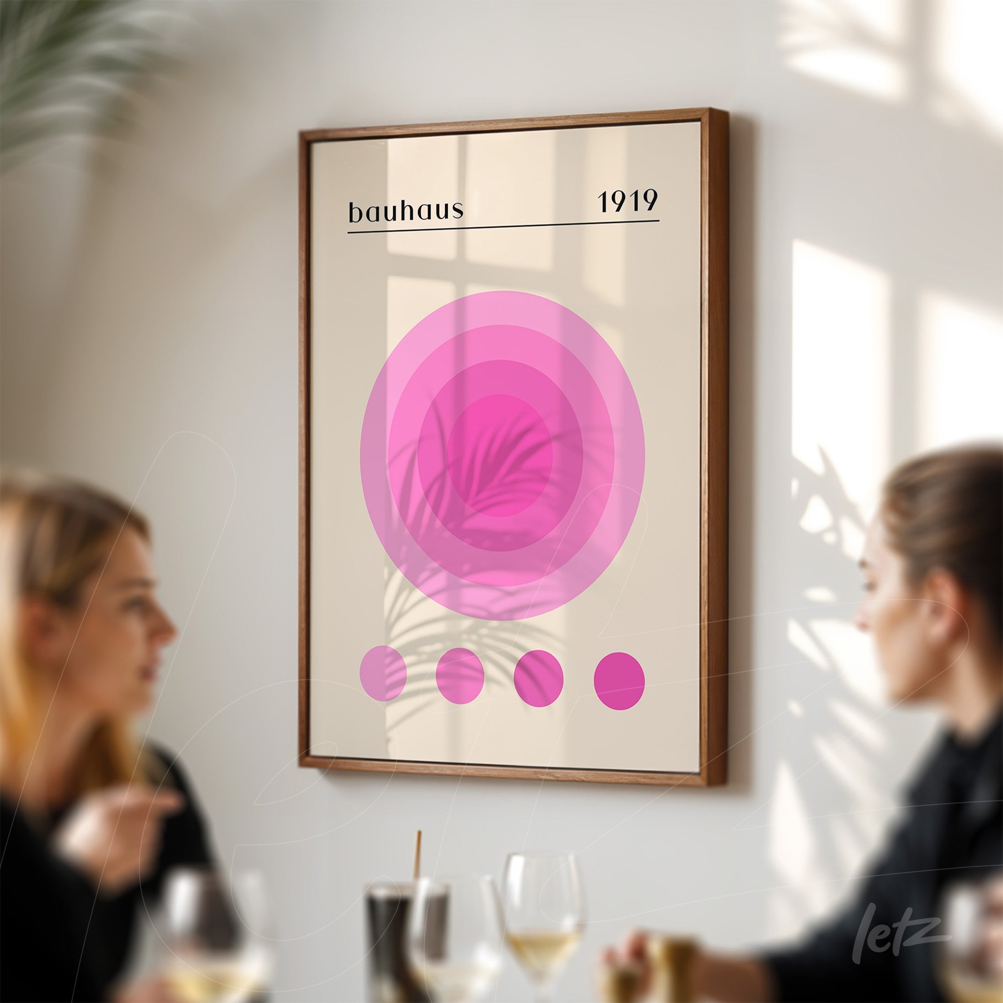 poster print featuring concentric pink circles in bauhaus style 1919 with wooden frame