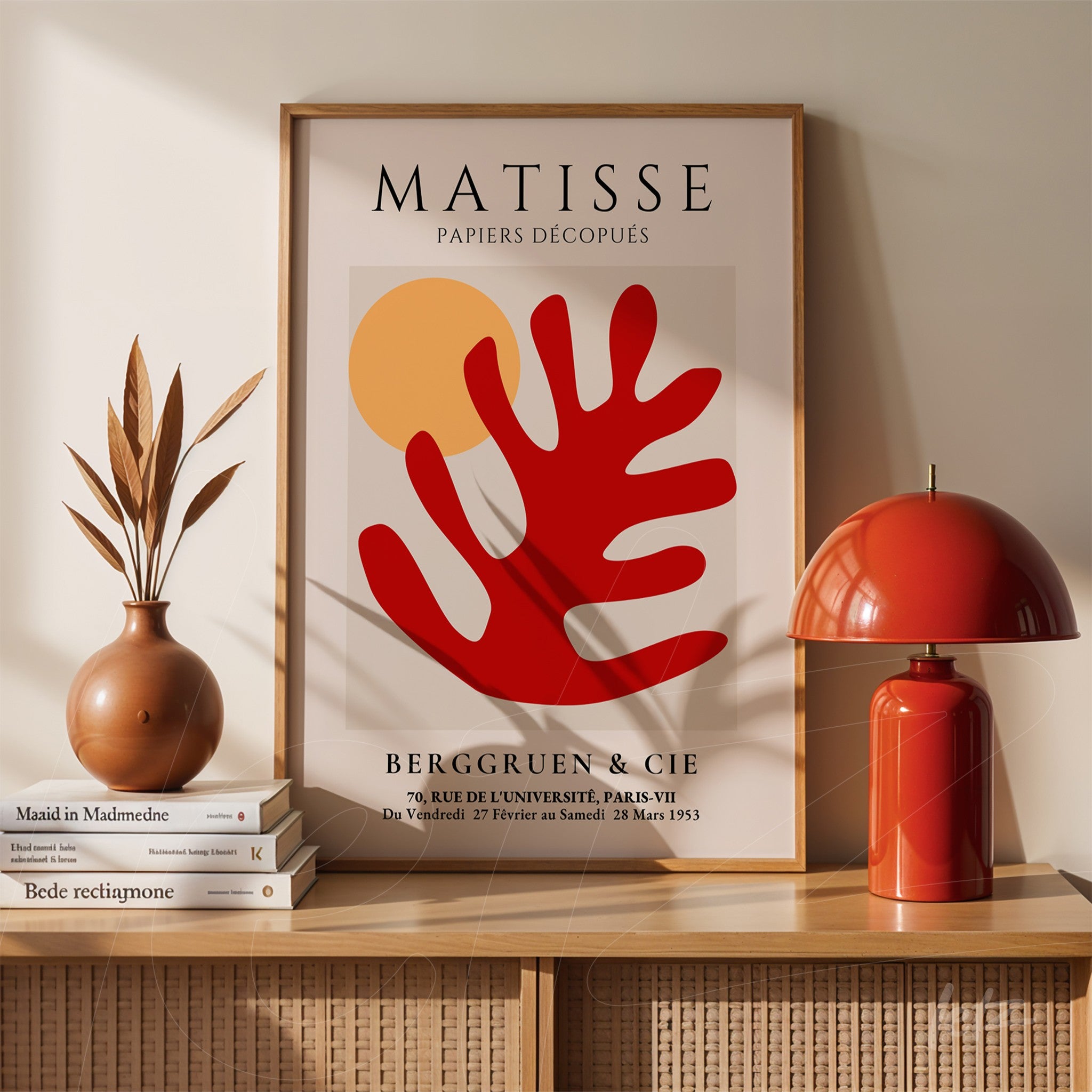 framed modern art print featuring a red leaf shape with a neutral background and yellow circle