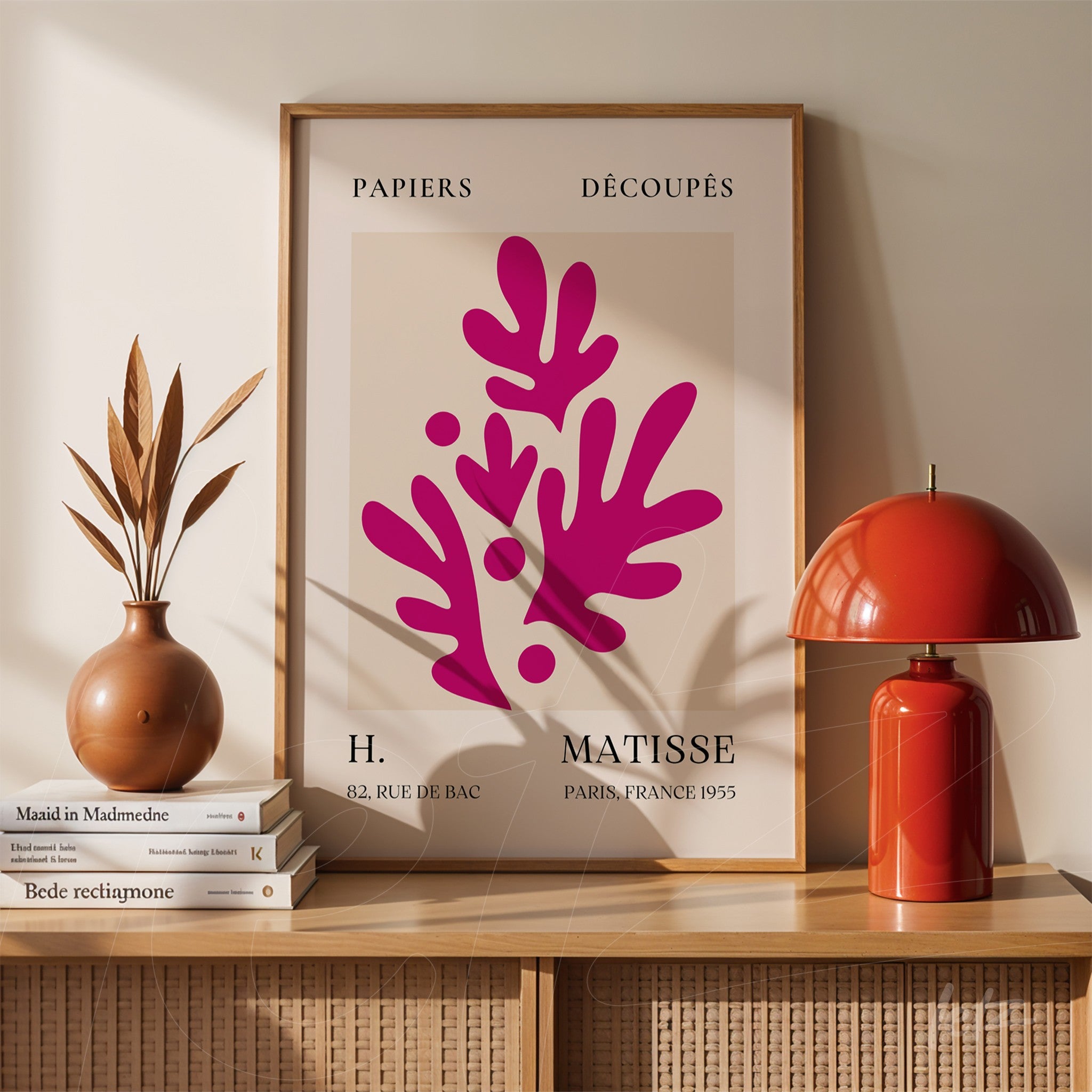framed wall art featuring abstract design by H. Matisse with organic pink shapes on beige background