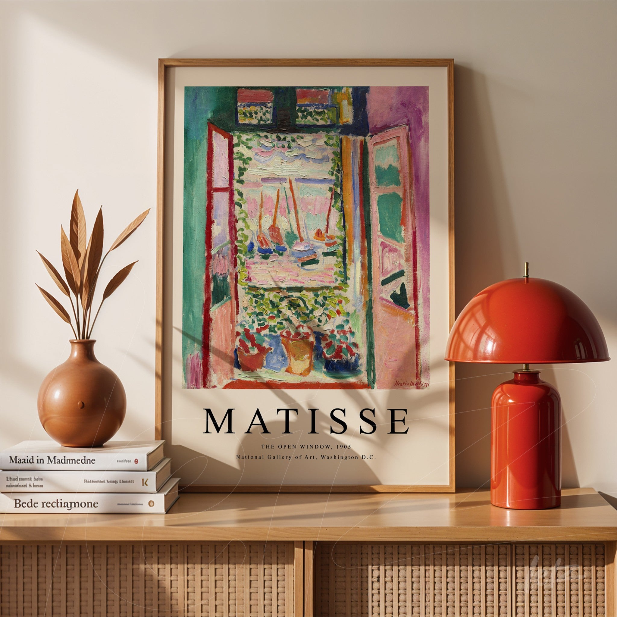 framed artwork depicting an open window with a vibrant landscape featuring boats